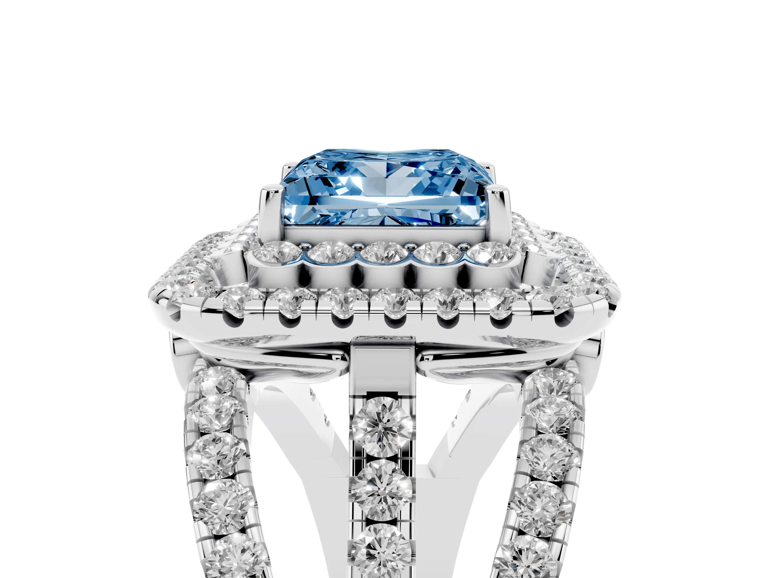 Fancy Blue Princess Cut Diamond Double Halo Ring Set in White gold with Round Pavé Split Shank
