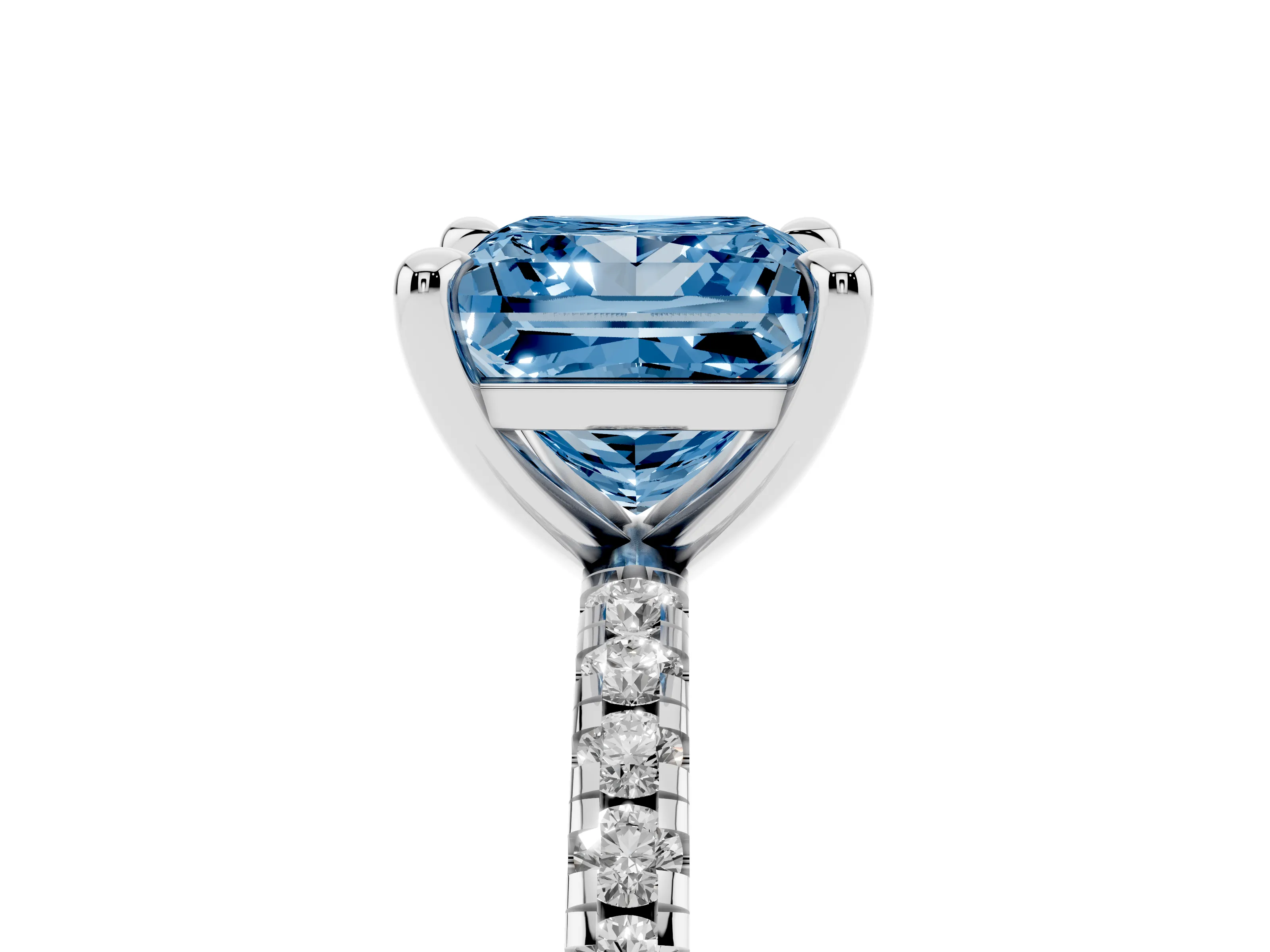 Fancy Blue Princess Cut Diamond Brilliant Solitaire Ring Set in White gold with Pavé Band and Prong Setting