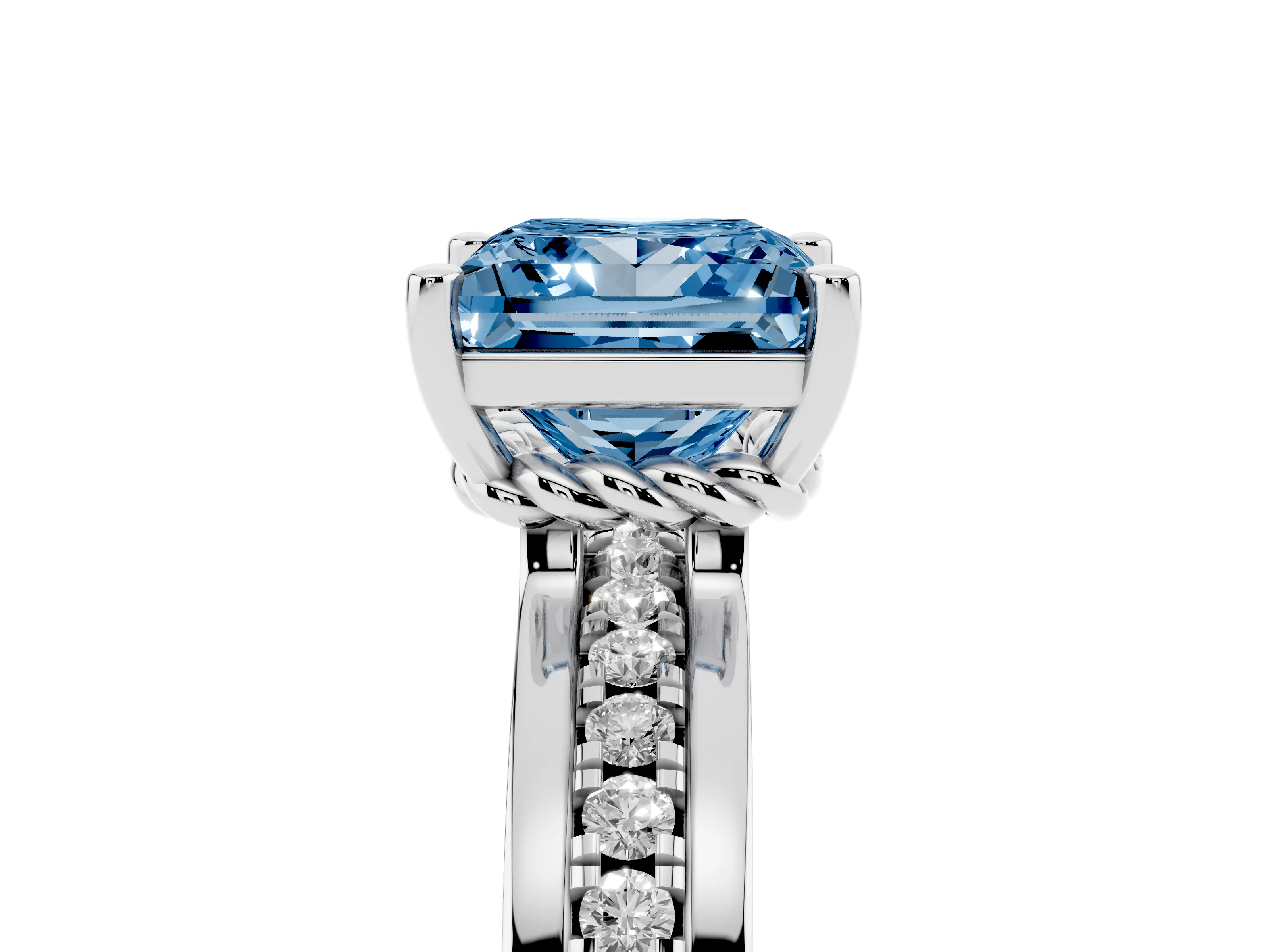 Fancy Blue Princess Cut Diamond Solitaire Ring Set in White gold with Channel Set Band and Prong Setting