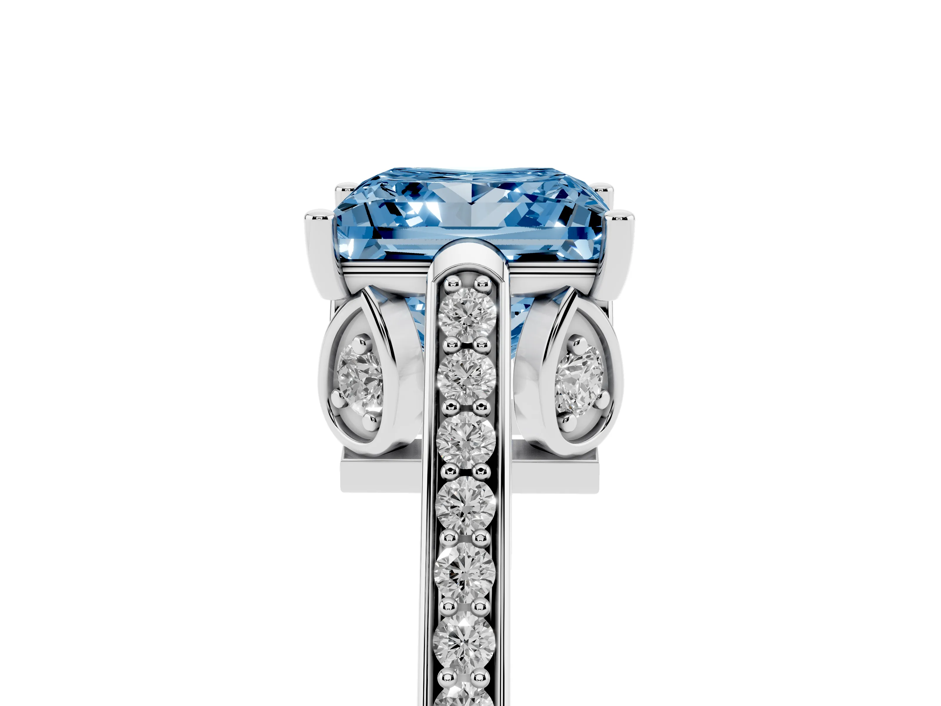 Fancy Blue Princess Cut Diamond Cathedral Pavé Engagement Ring Set in Platinum with Prong Setting
