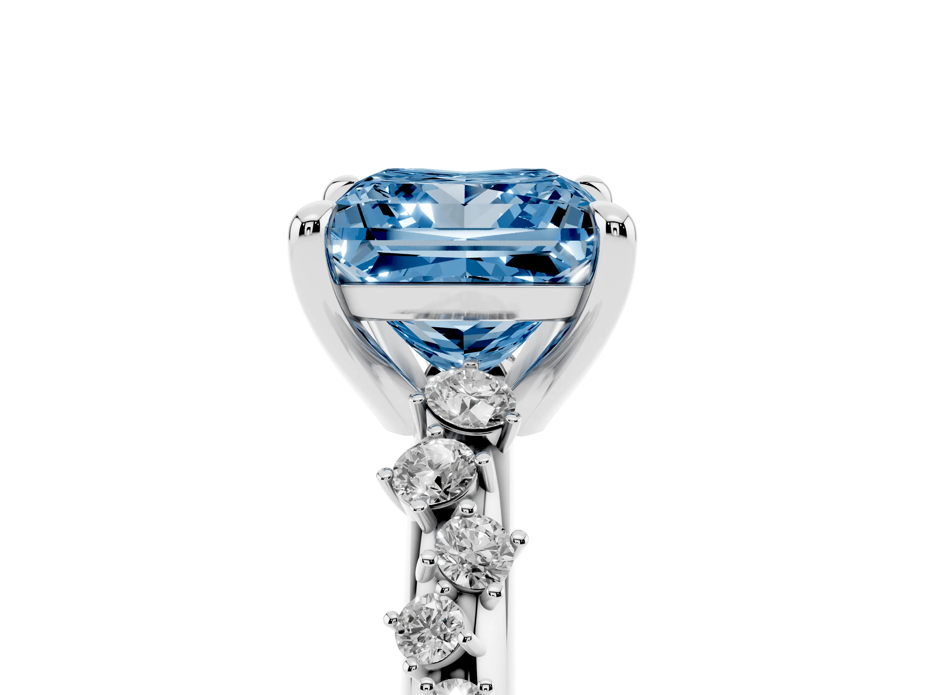 Fancy Blue Princess Cut Diamond Solitaire Vine Band Ring Set in Platinum with Round Accents and Prong Setting