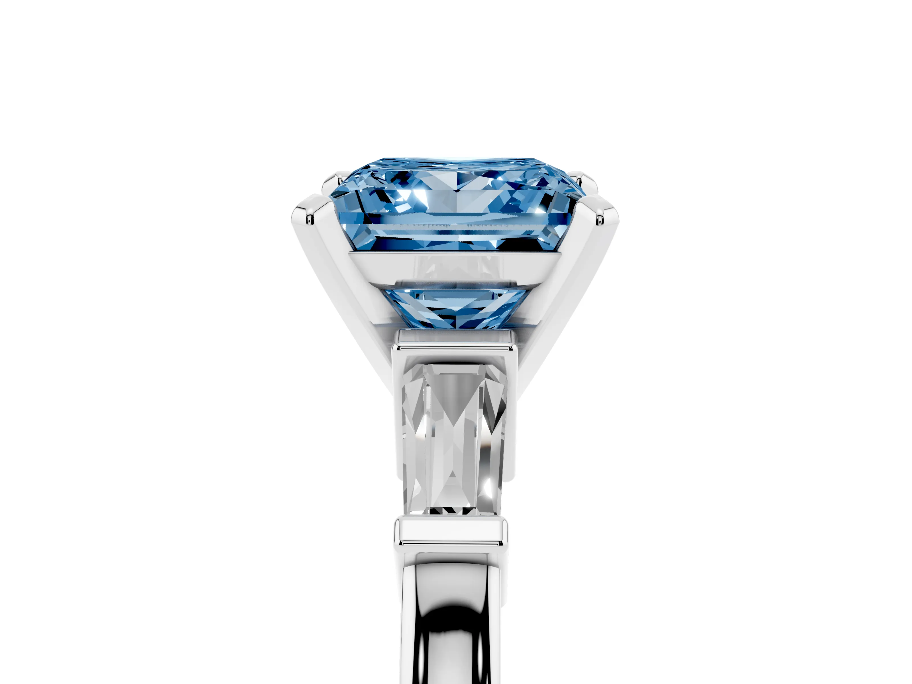 Fancy Blue Princess Cut Diamond Solitaire Ring Set in White gold with Tapered Baguette Accents and Prong Setting
