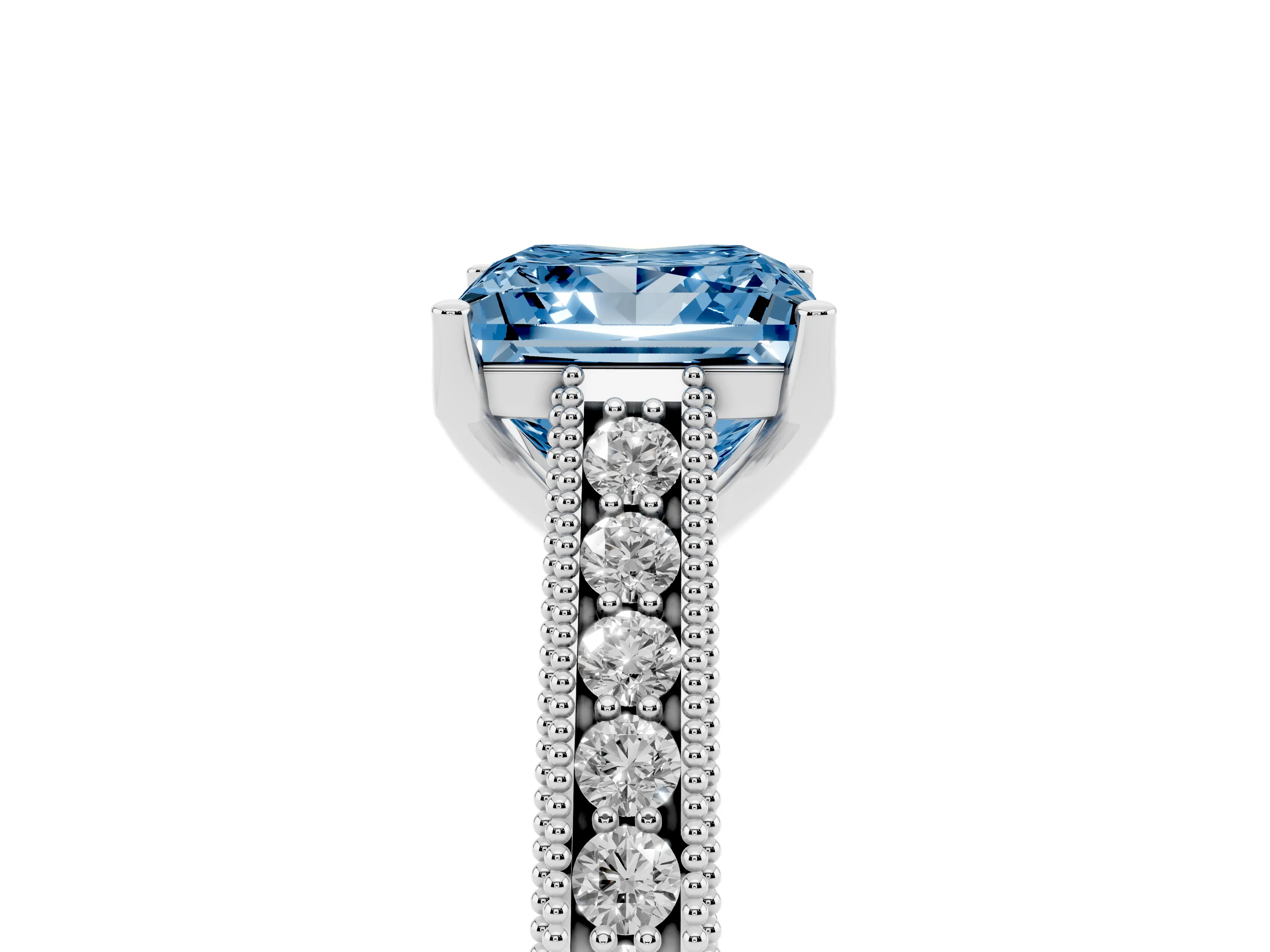 Fancy Blue Princess Cut Diamond Milgrain Pavé Band Solitaire Ring Set in White gold with Prong Setting