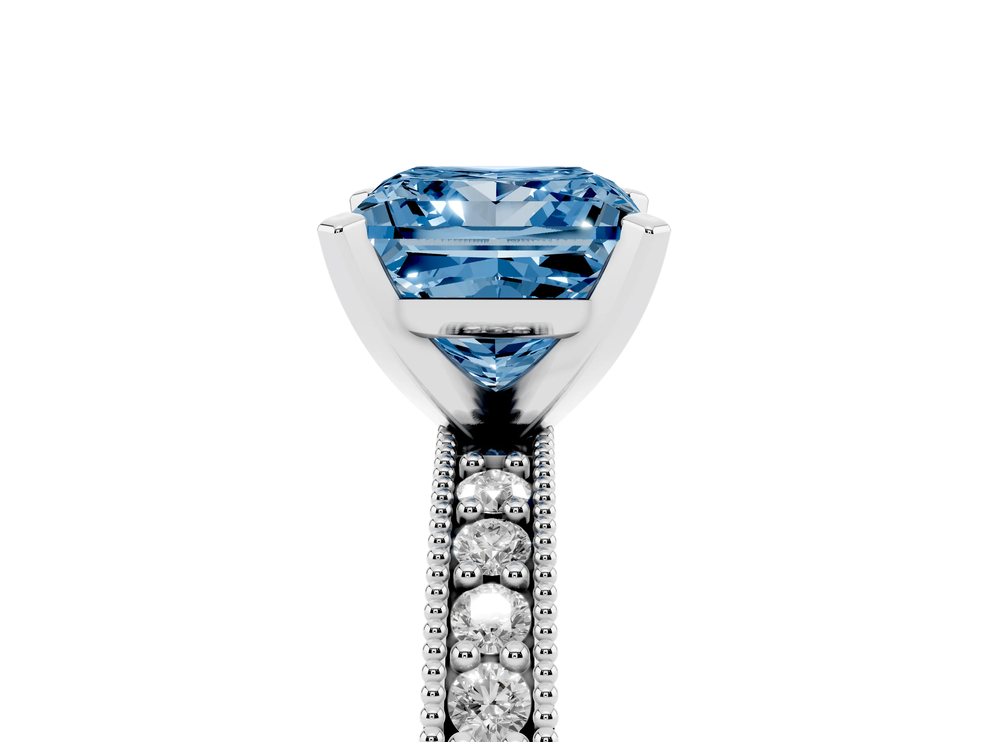 Fancy Blue Princess Cut Diamond Milgrain Pavé Engagement Ring Set in Silver with Prong Setting