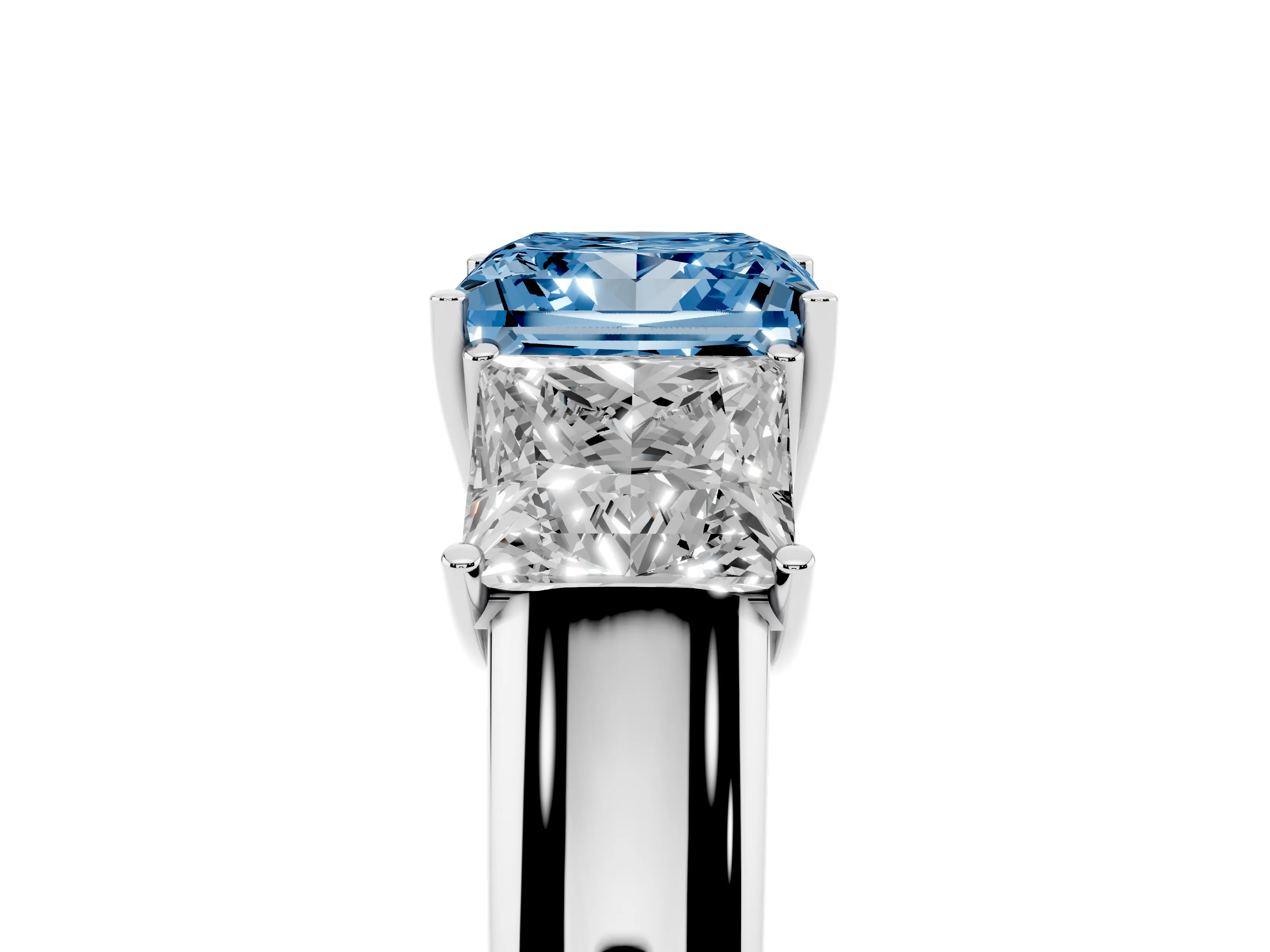 Fancy Blue Three-Stone Princess Cut Diamond Ring Set in Platinum with Matching Prong Settings and Plain Band
