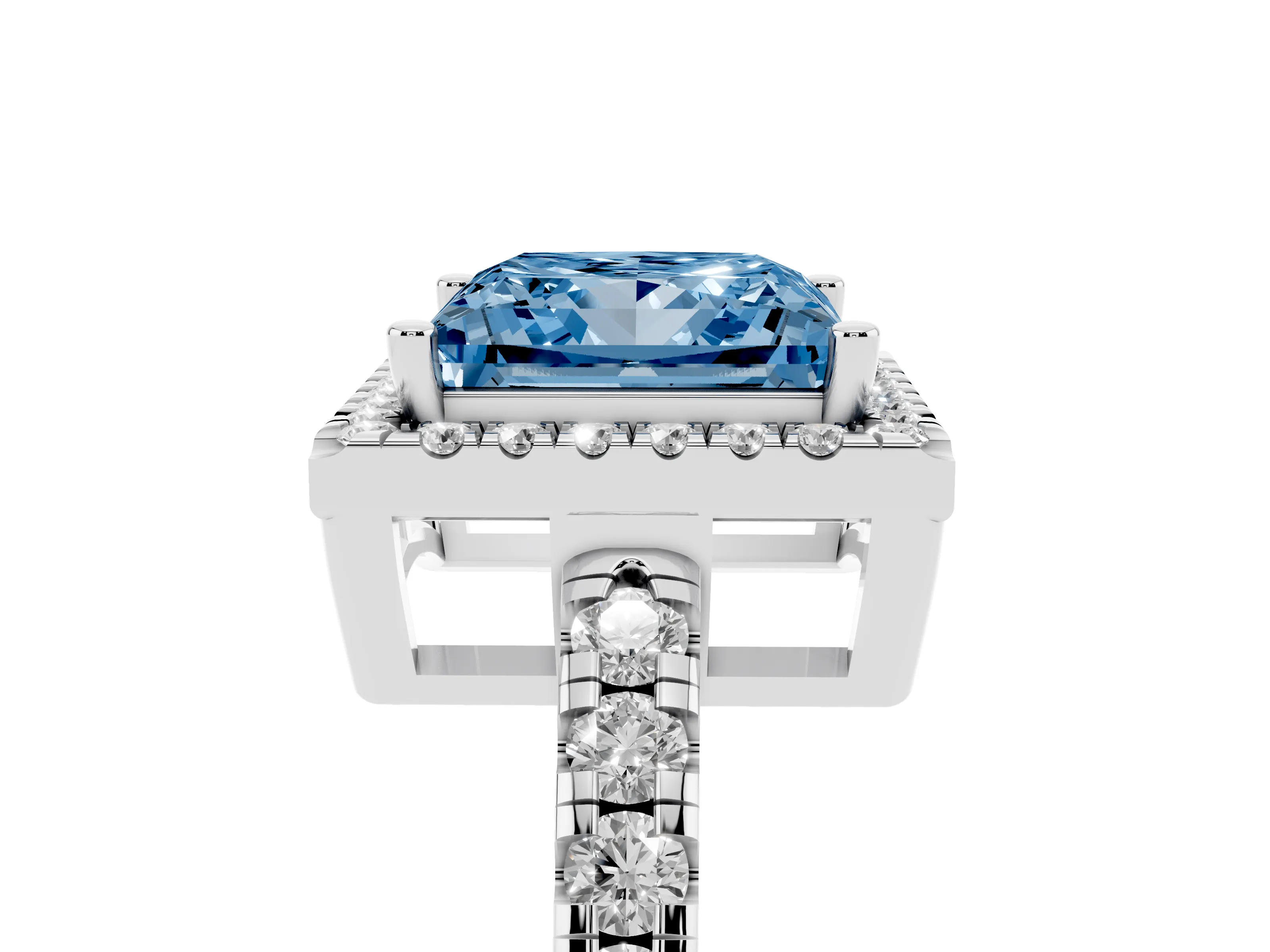 Fancy Blue Princess Cut Diamond Halo Ring Set in Platinum with Delicate Pavé Band and Prong Setting