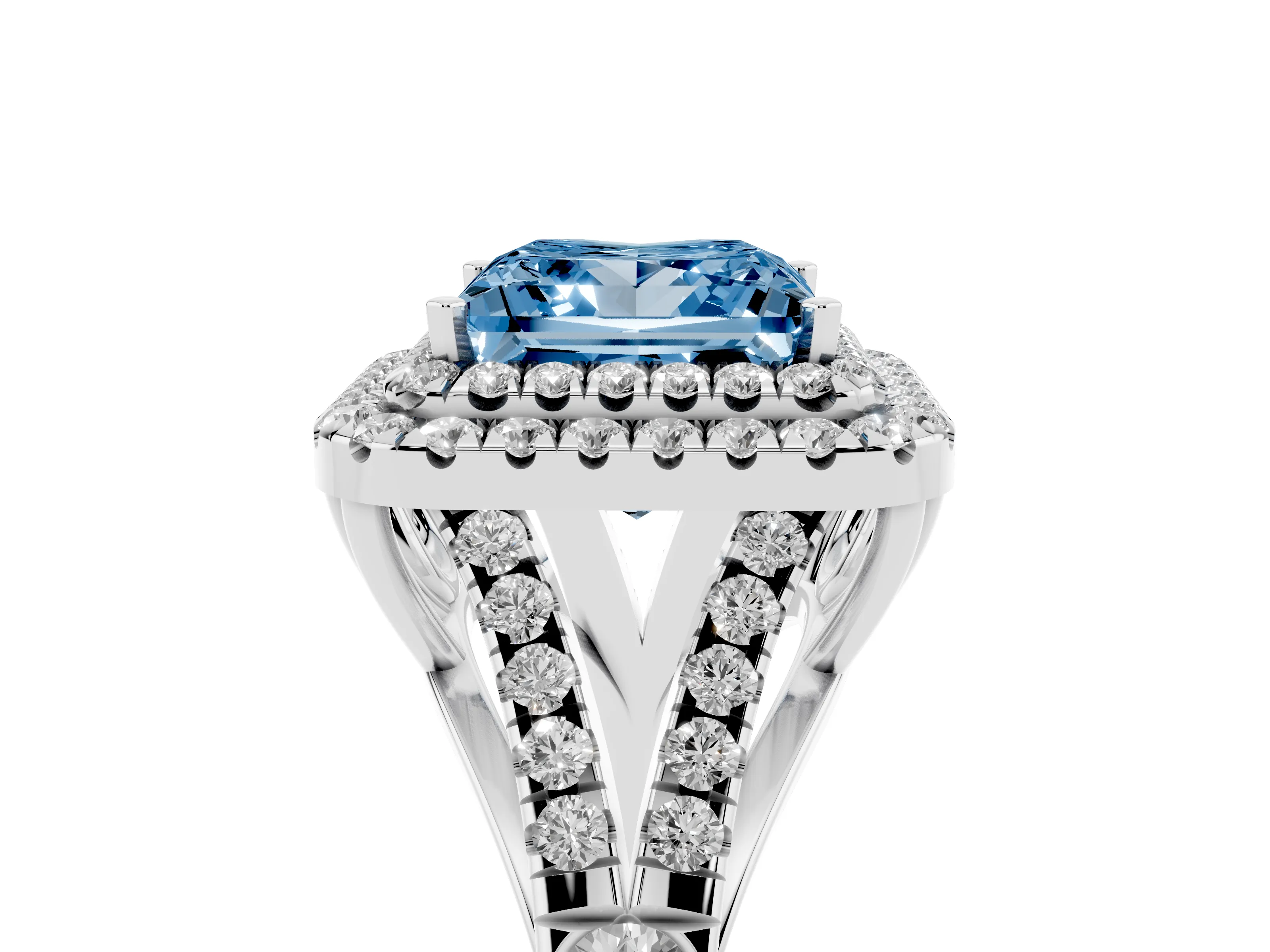 Fancy Blue Princess Cut Diamond Pavé Split Shank Double Halo Engagement Ring Set in Platinum