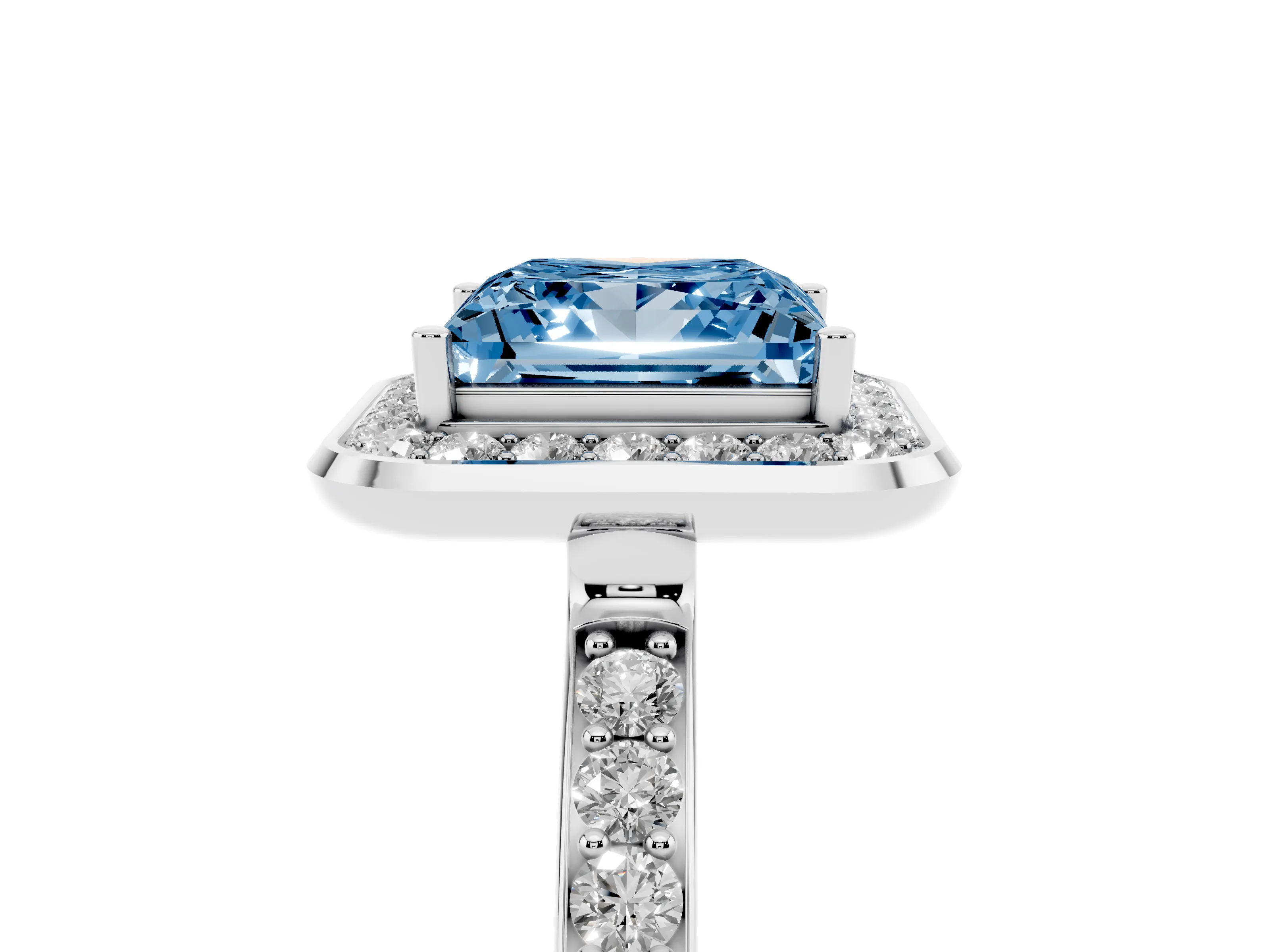 Fancy Blue Princess Cut Diamond Halo Ring Set in Platinum with Bezel Frame and Pavé Band