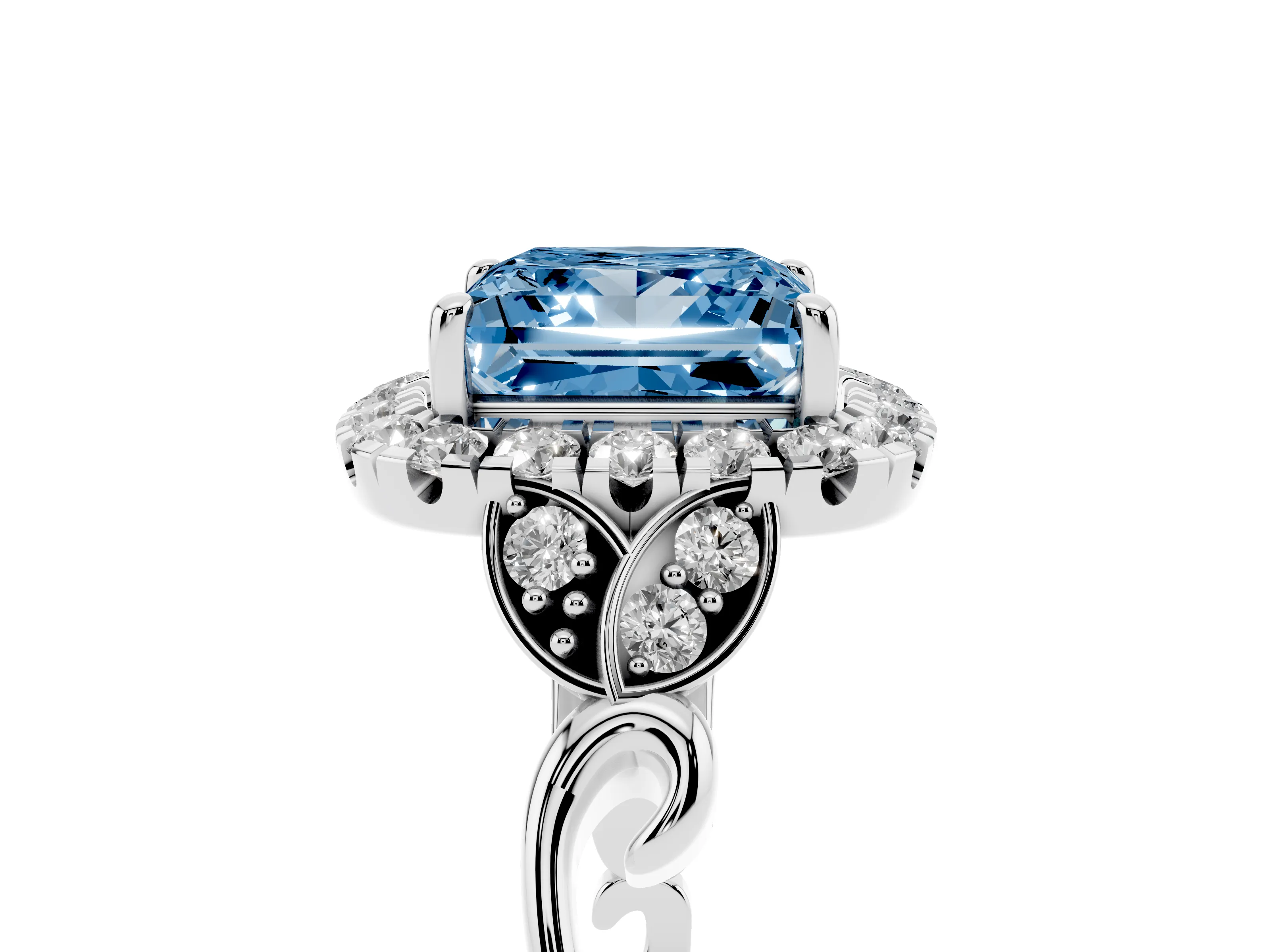 Fancy Blue Princess Cut Diamond Halo Engagement Ring Set in Platinum with Vintage-Inspired Band and Prong Setting