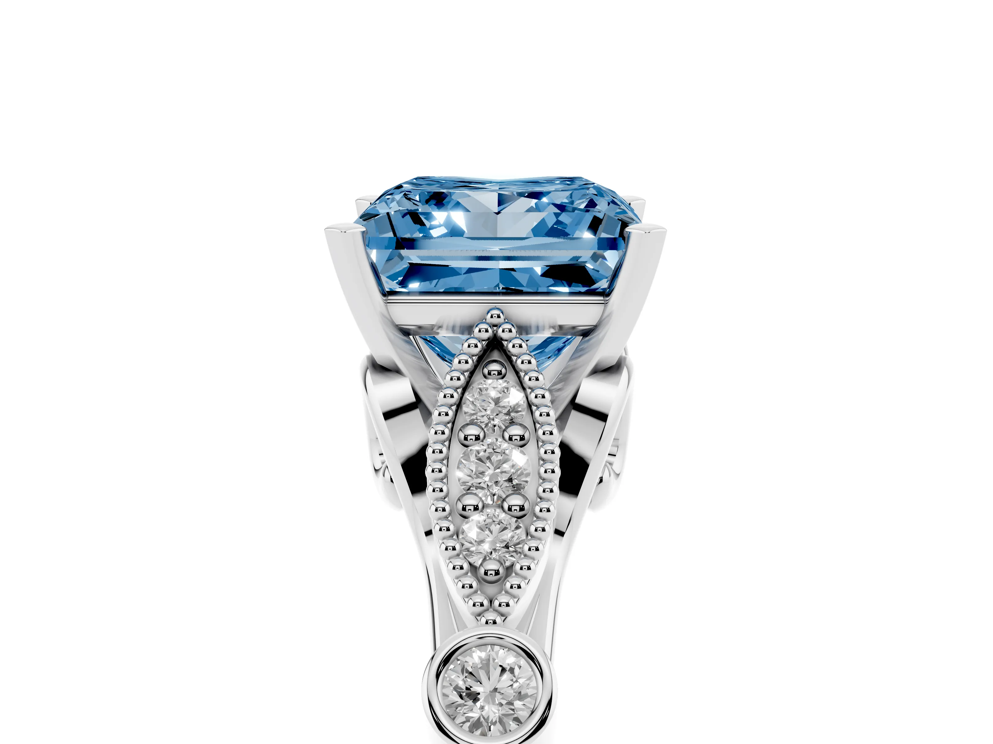 Fancy Blue Princess Cut Diamond Solitaire Ring Set in White gold with Milgrain Marquise and Bezel Accents