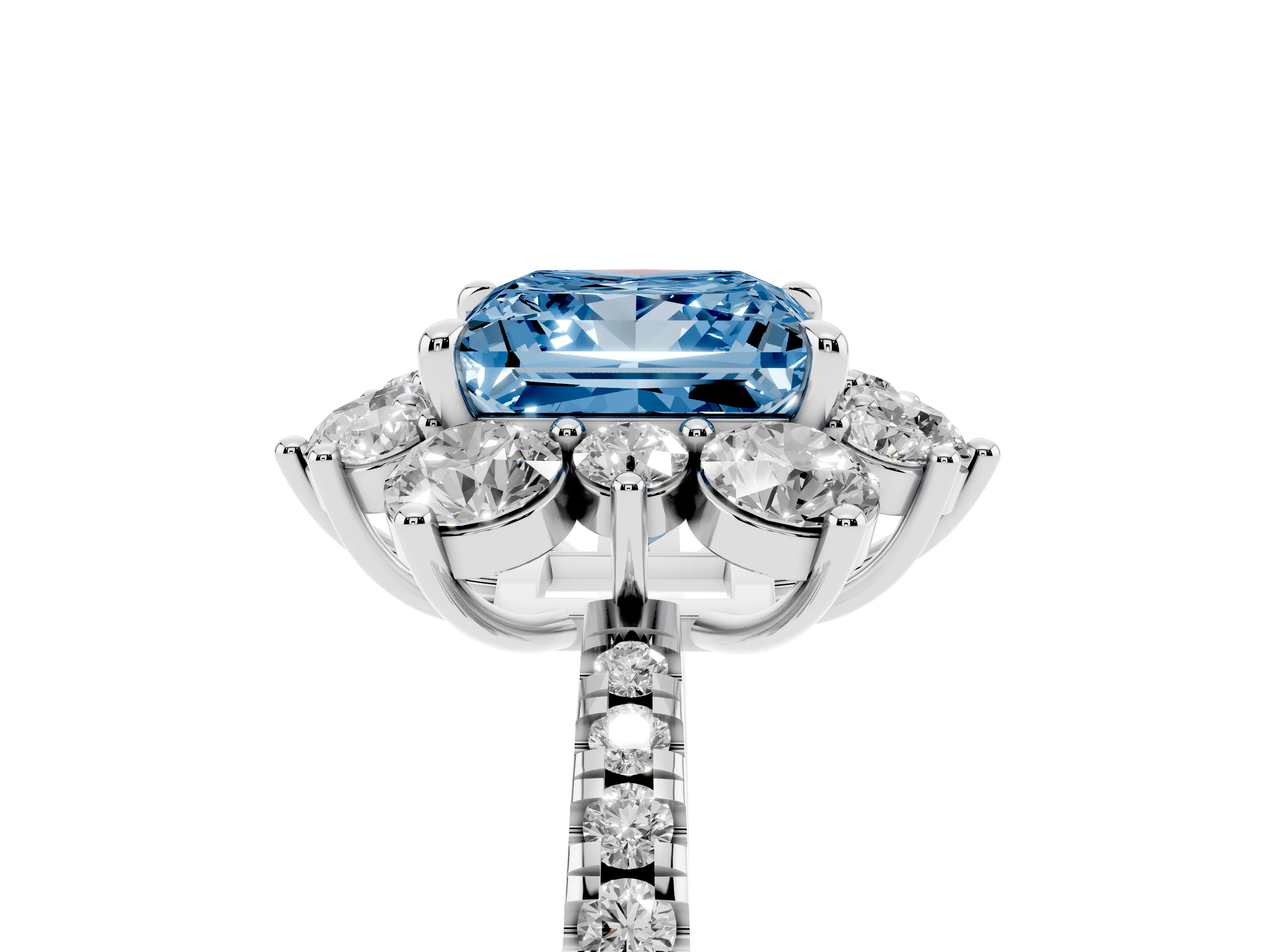 Fancy Blue Princess Cut Diamond Floral Halo Ring Set in White gold with Round Pavé Band and Prong Setting