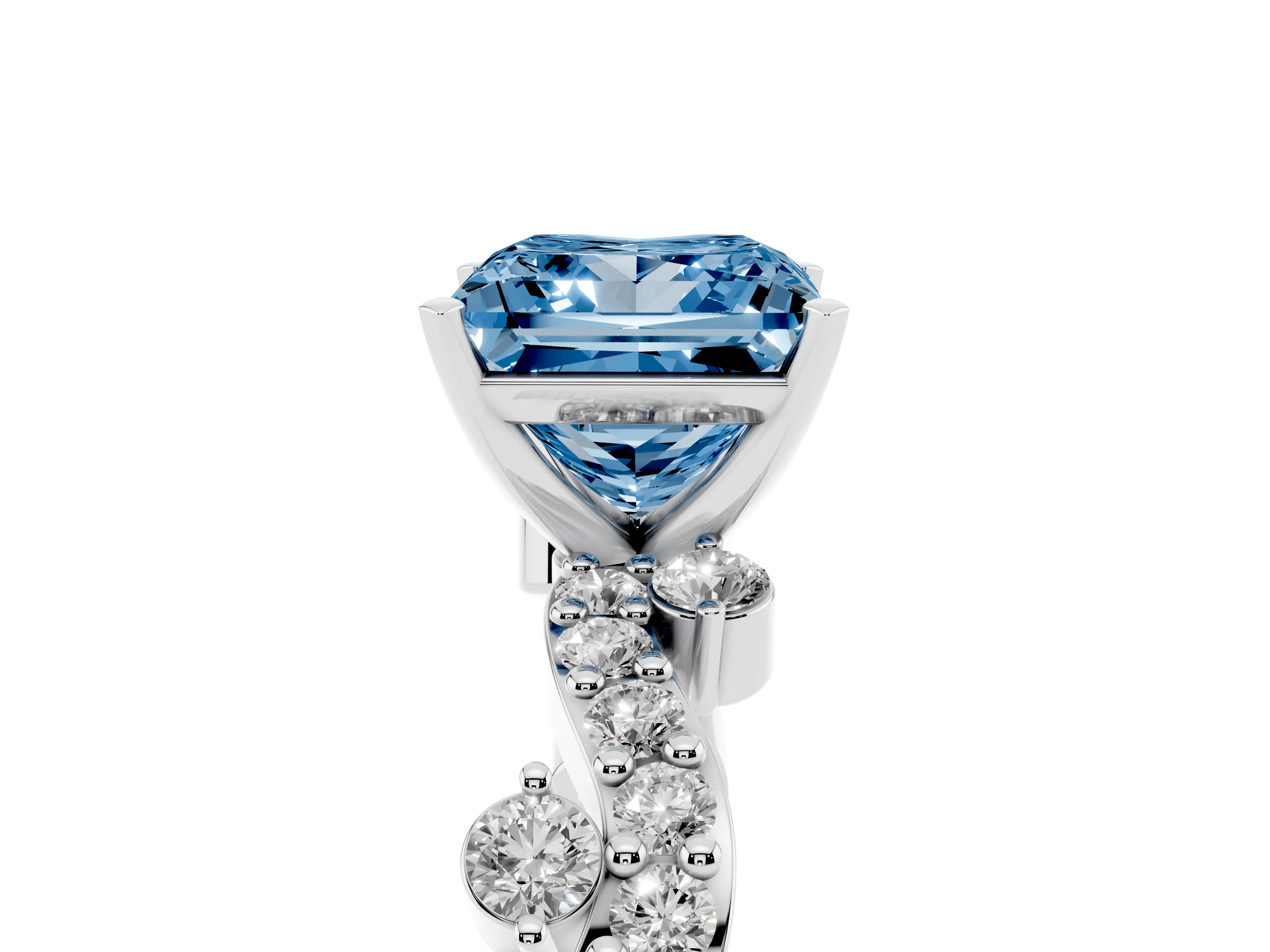 Fancy Blue Princess Cut Diamond Solitaire Twisted Band Set in Silver with Pavé Setting