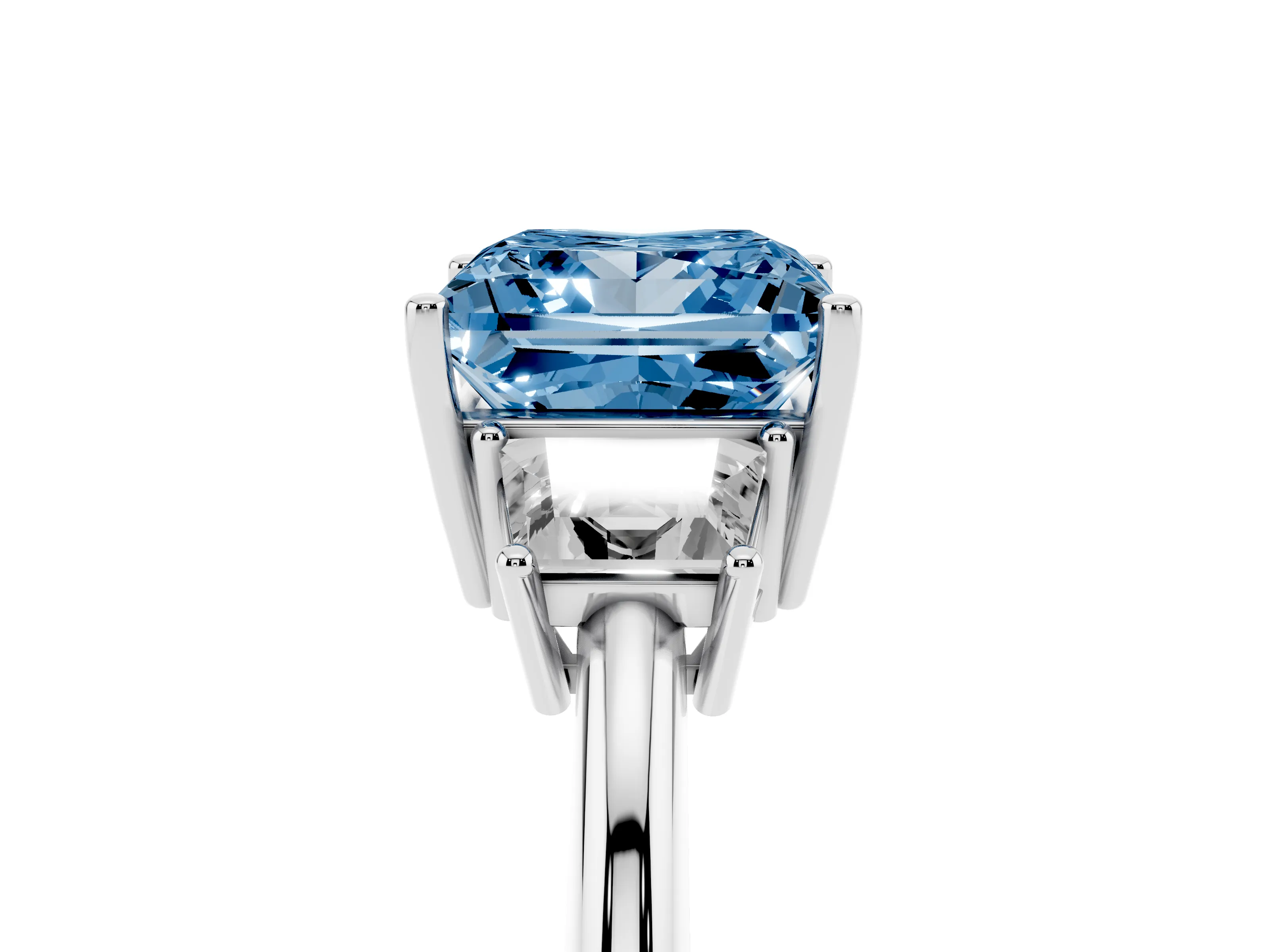 Fancy Blue Princess Cut Diamond Three-Stone Ring Set in Silver with Trapezoid Side Stones and Prong Setting