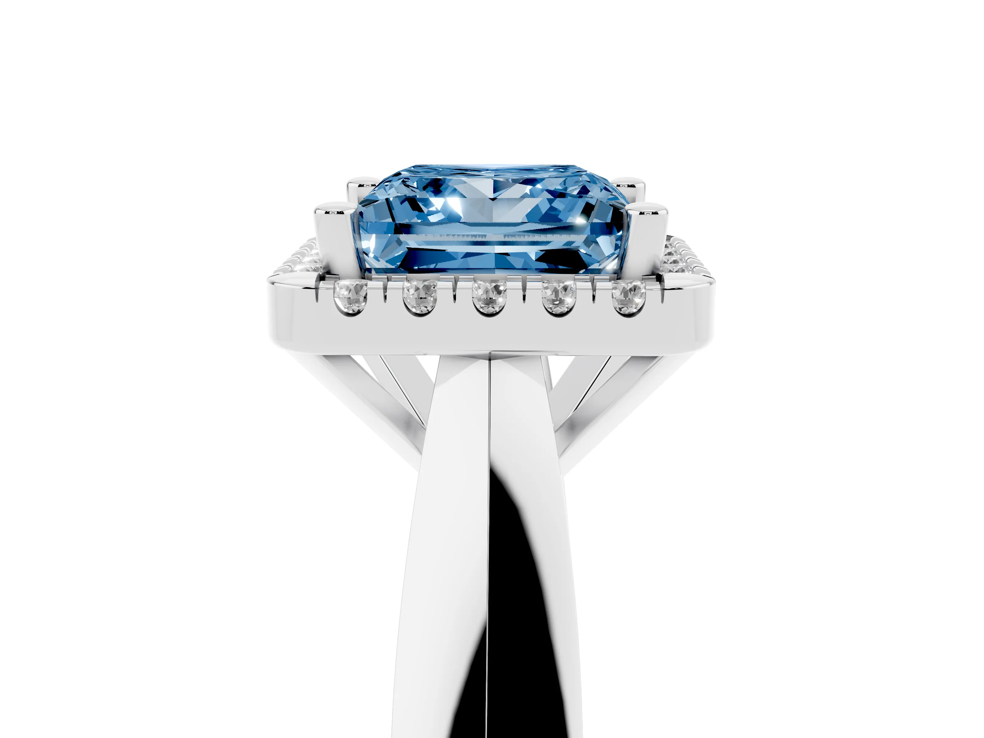 Fancy Blue Princess Cut Diamond Halo Solitaire Engagement Ring Set in Platinum with Square Band and Prong Setting