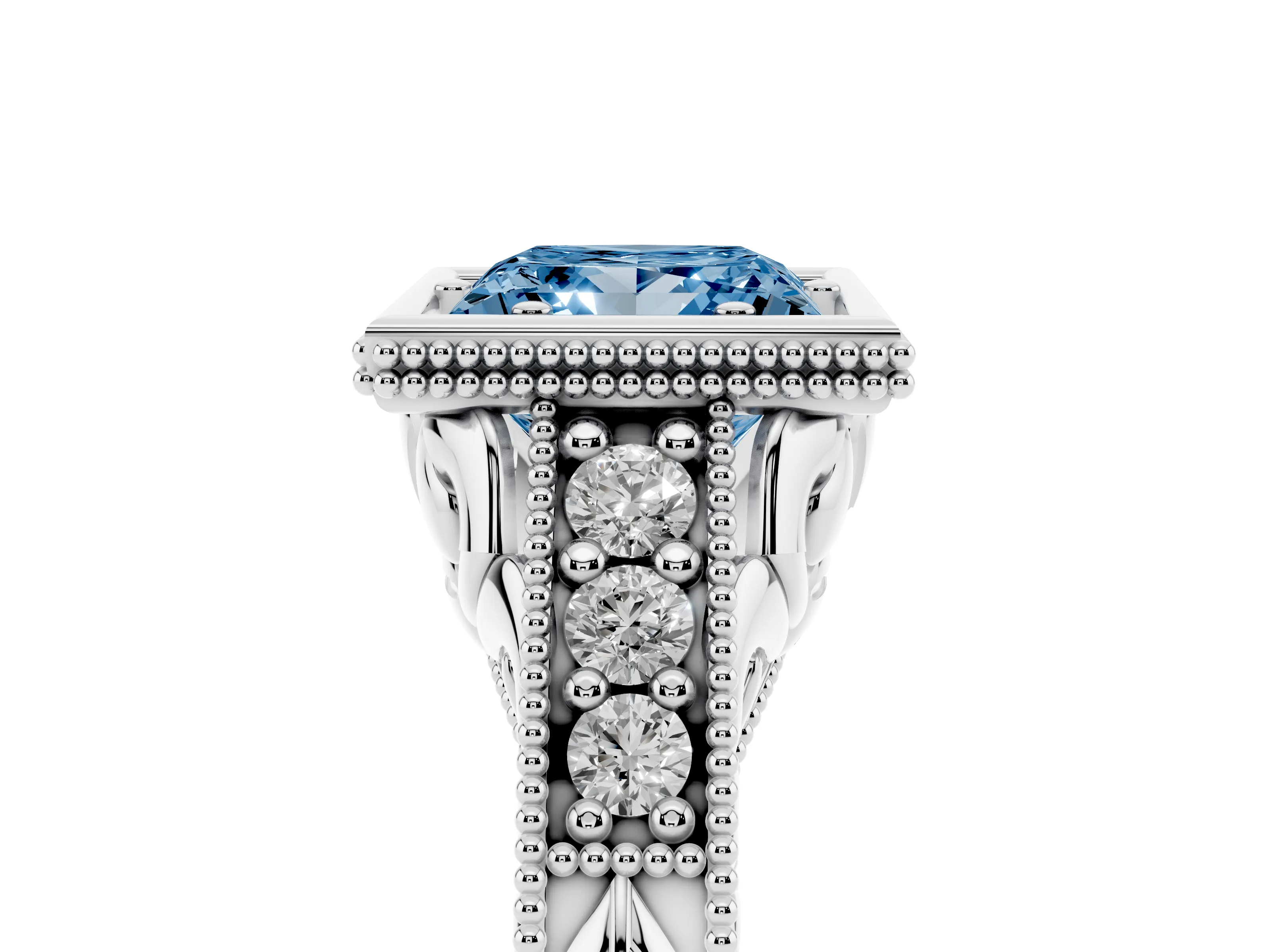 Fancy Blue Bezel Set Princess Cut Diamond Milgrain Pavé Engagement Ring Set in White gold