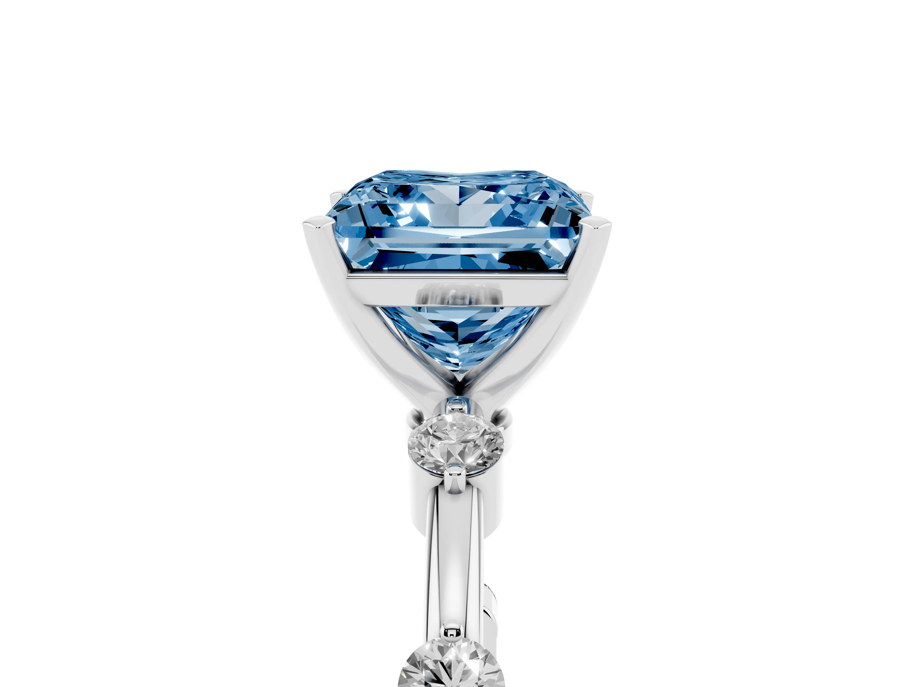 Fancy Blue Princess Cut Diamond Solitaire Ring Set in Silver with Bezel Set Side Stones and Prong Setting