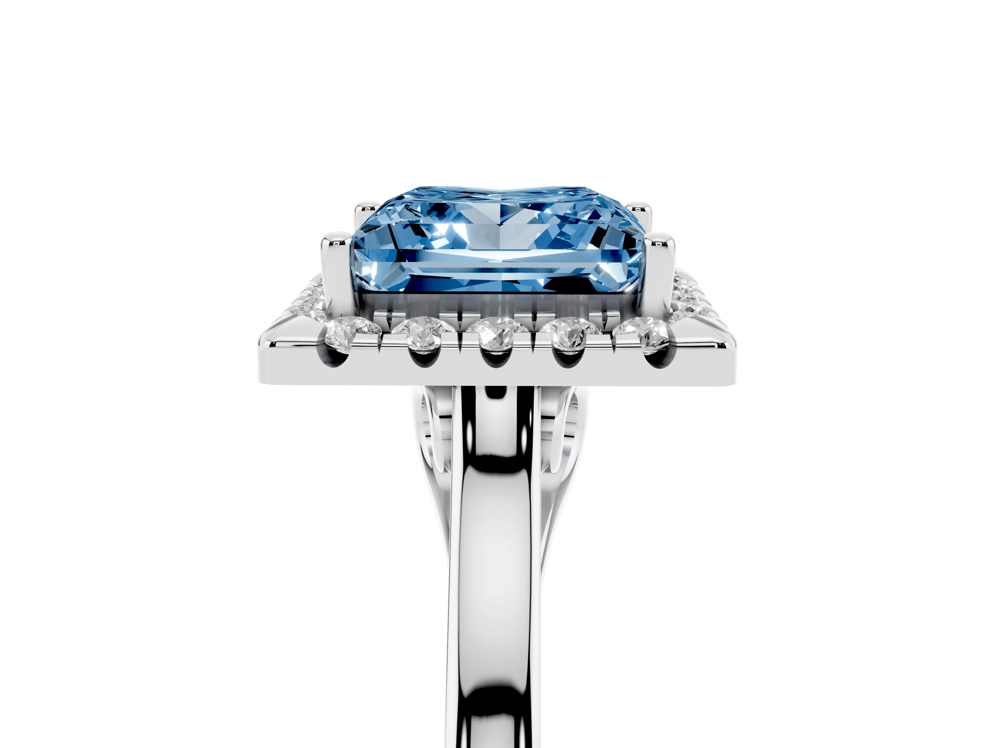 Fancy Blue Princess Cut Halo Round Diamond Solitaire Ring Set in Platinum with Pavé Band and Prong Setting