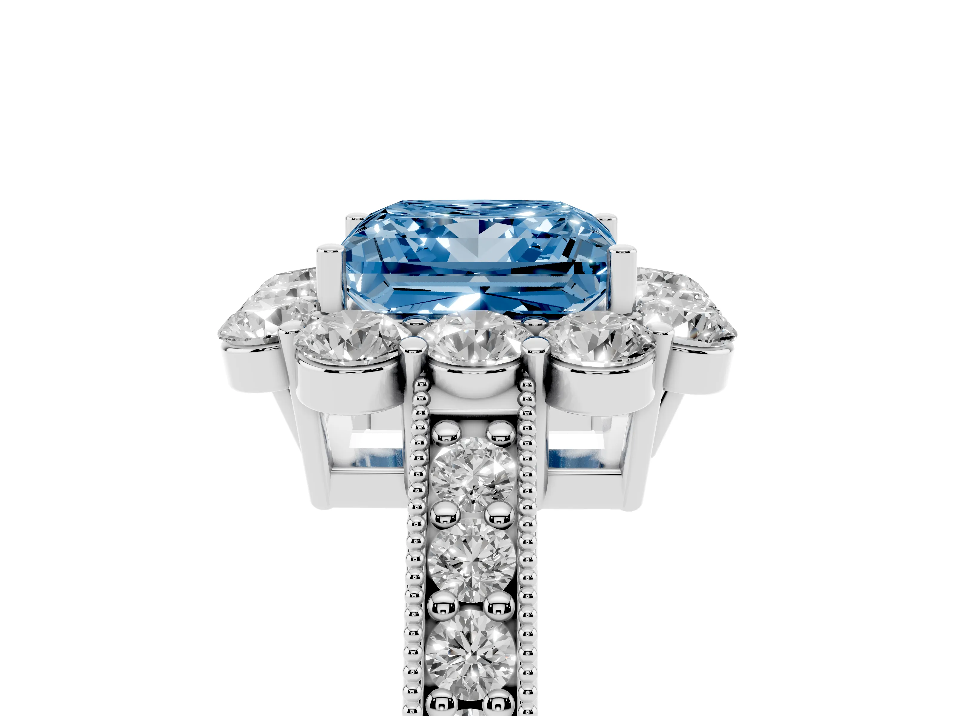 Fancy Blue Princess Cut Diamond Halo Pavé Engagement Ring Set in Platinum with Milgrain Detailing