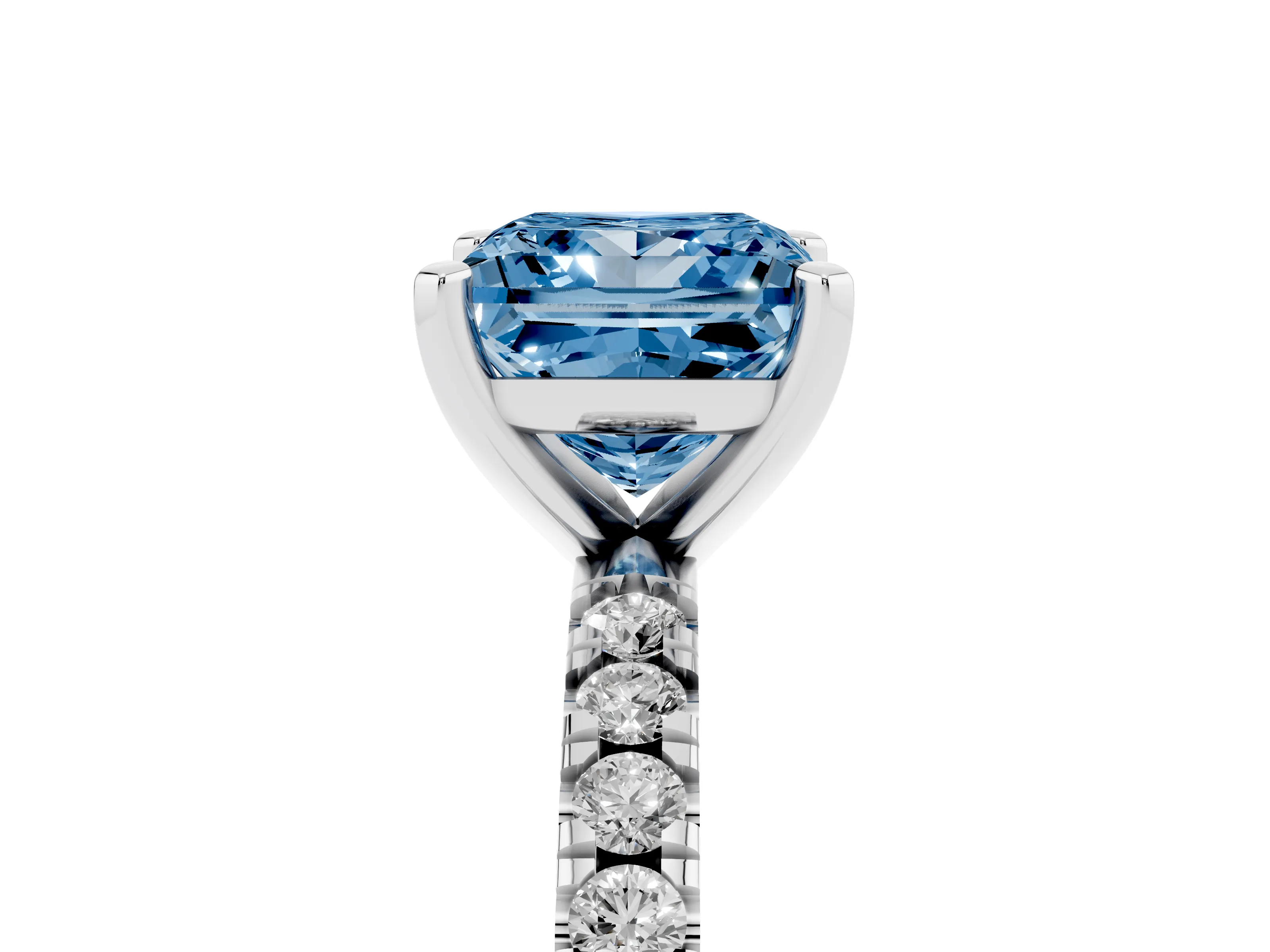 Fancy Blue Princess Cut Diamond Pavé Band Solitaire Set in Silver with Prong Setting