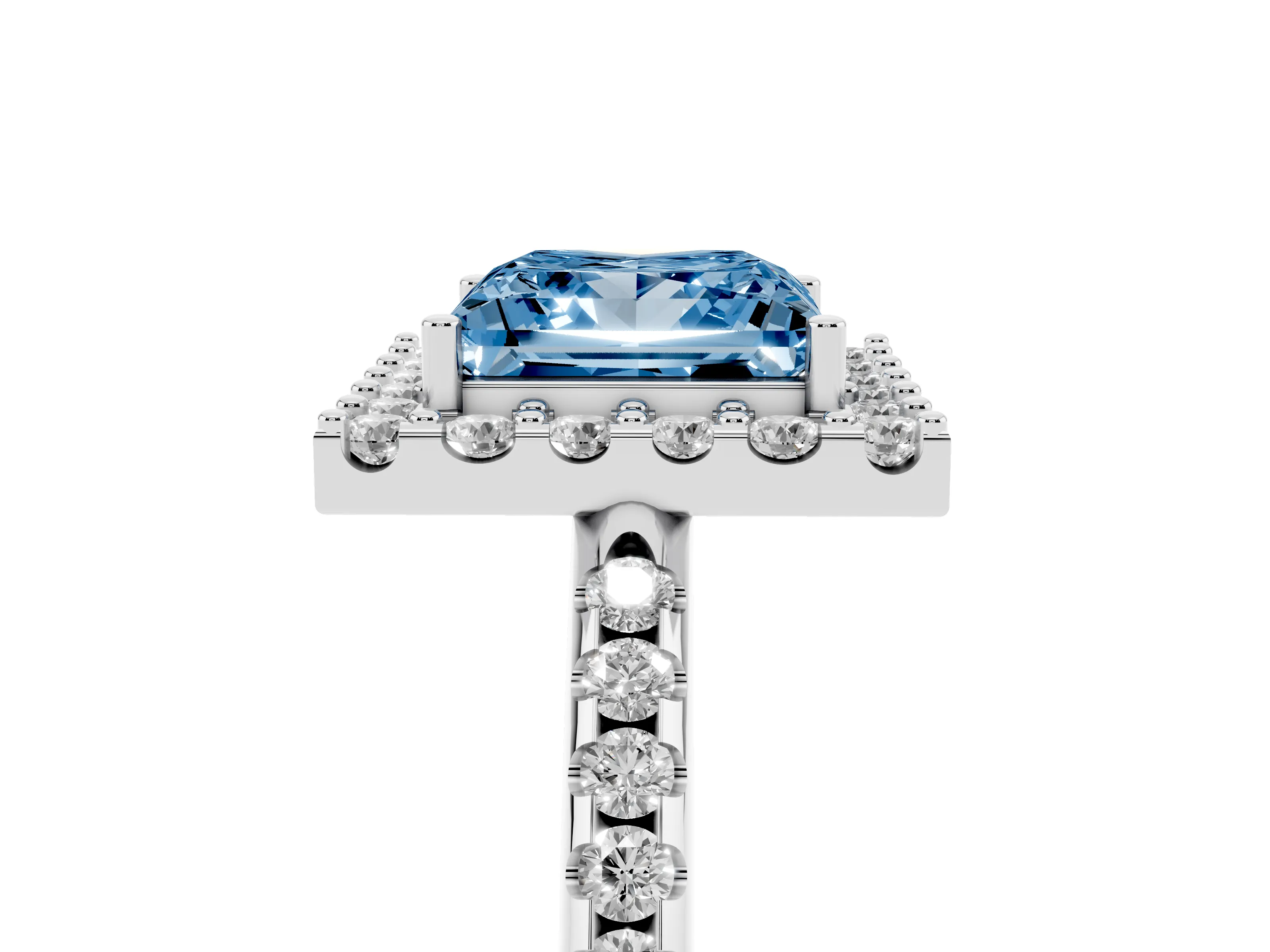 Fancy Blue Princess Cut Diamond Pavé Halo Ring Set in Silver with Prong Setting