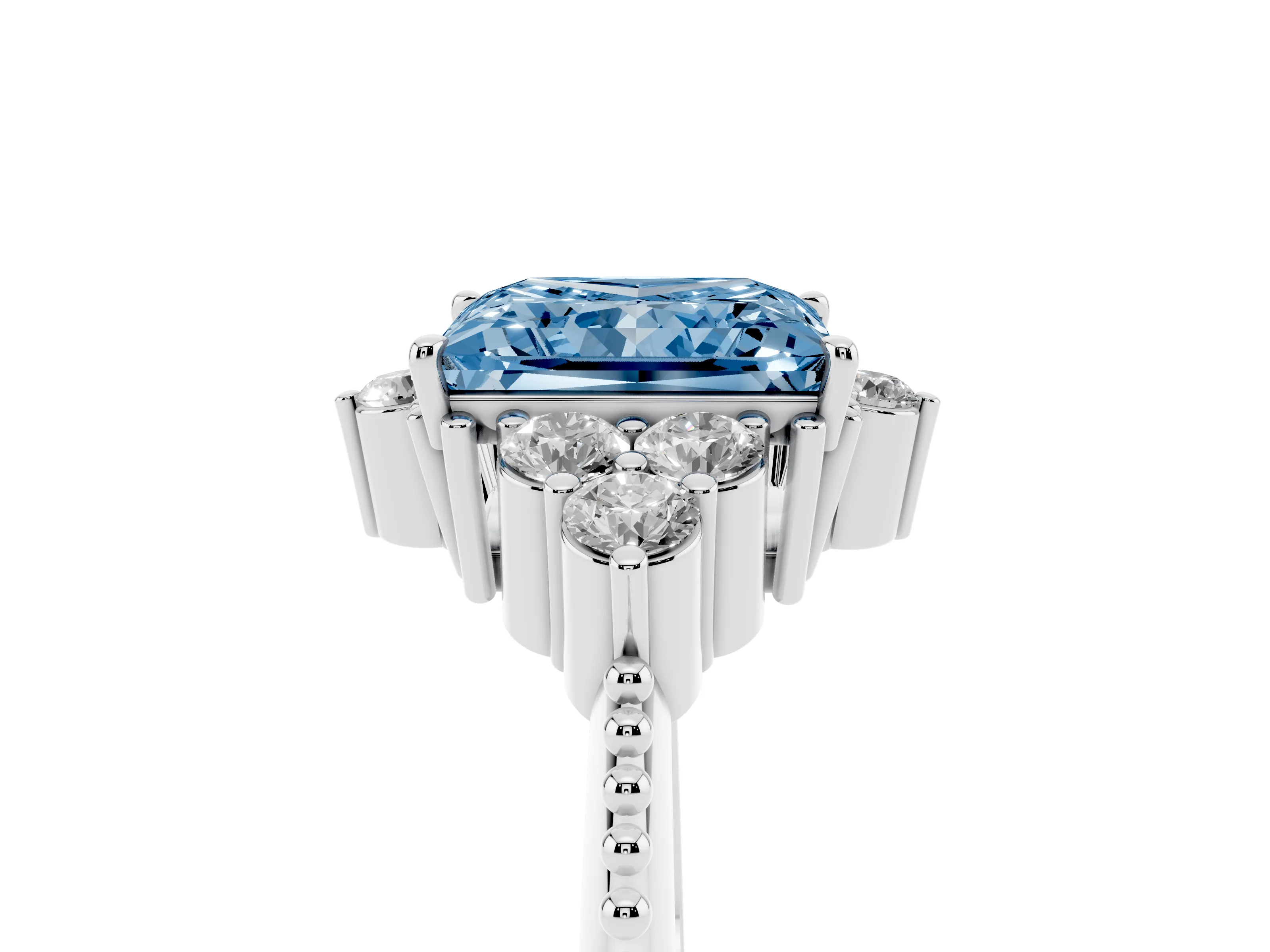 Fancy Blue Princess Cut Diamond Cluster Ring Set in Silver with Beaded Band