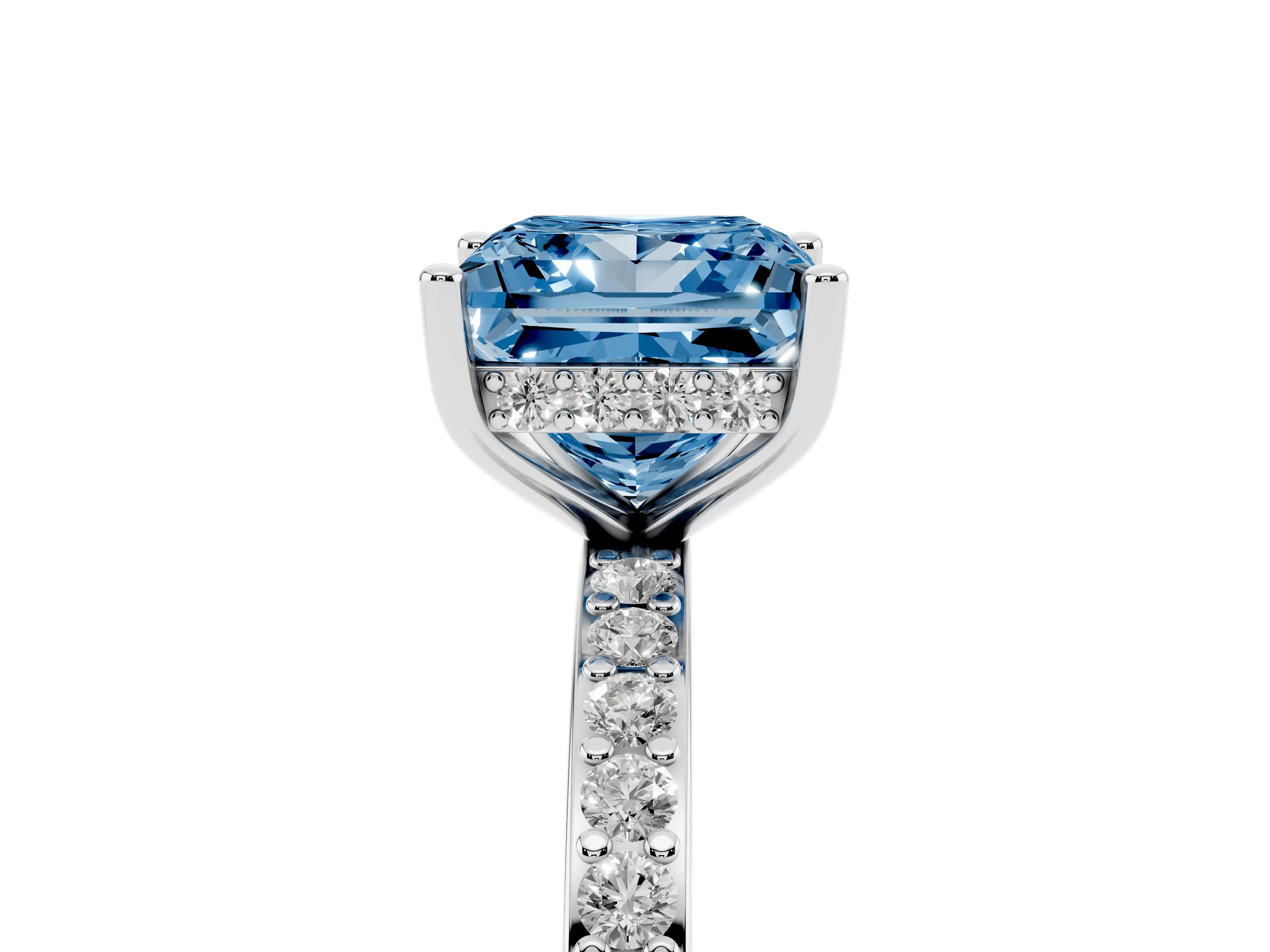Fancy Blue Princess Cut Diamond Pavé Band Ring Set in White gold with Prong-Set Center Stone