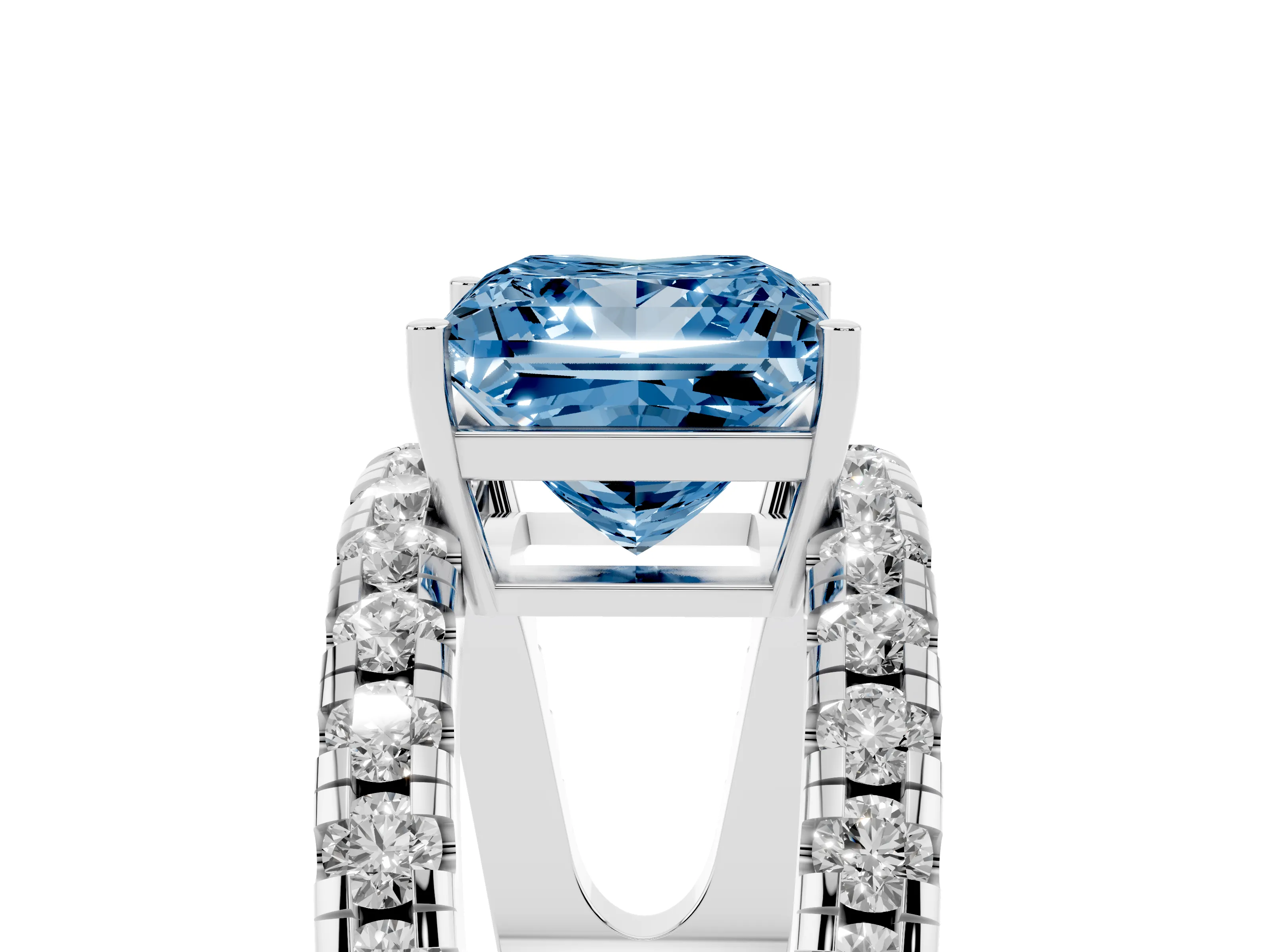 Fancy Blue Princess Cut Diamond Split Shank Pavé Solitaire Ring Set in Silver with Open Shank Design