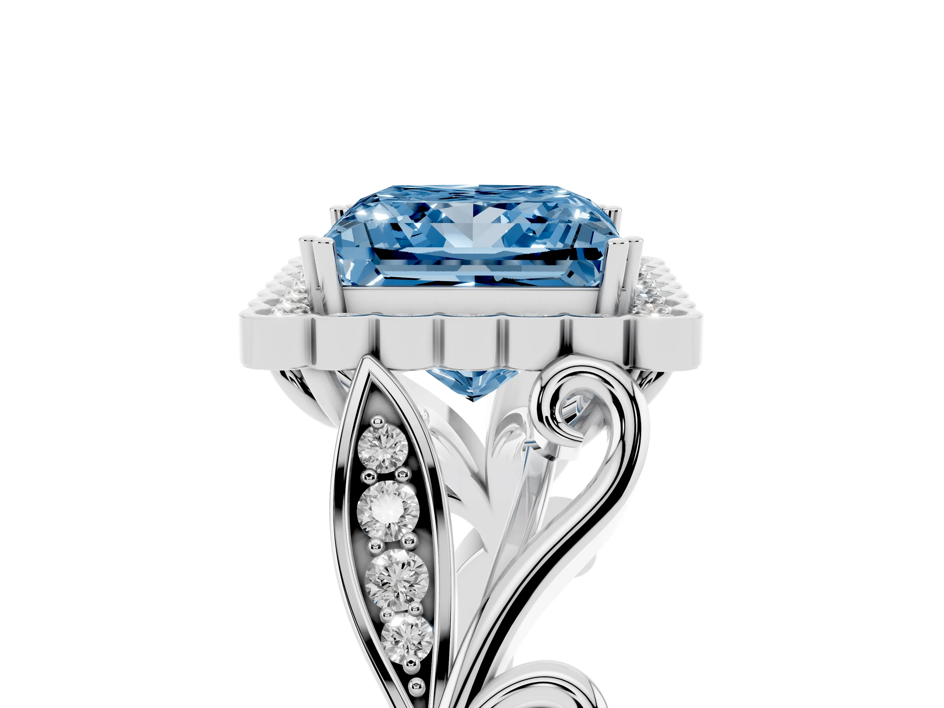 Fancy Blue Princess Cut Diamond Halo Ring Set in White gold with Leaf Motif Split Shank and Prong Setting