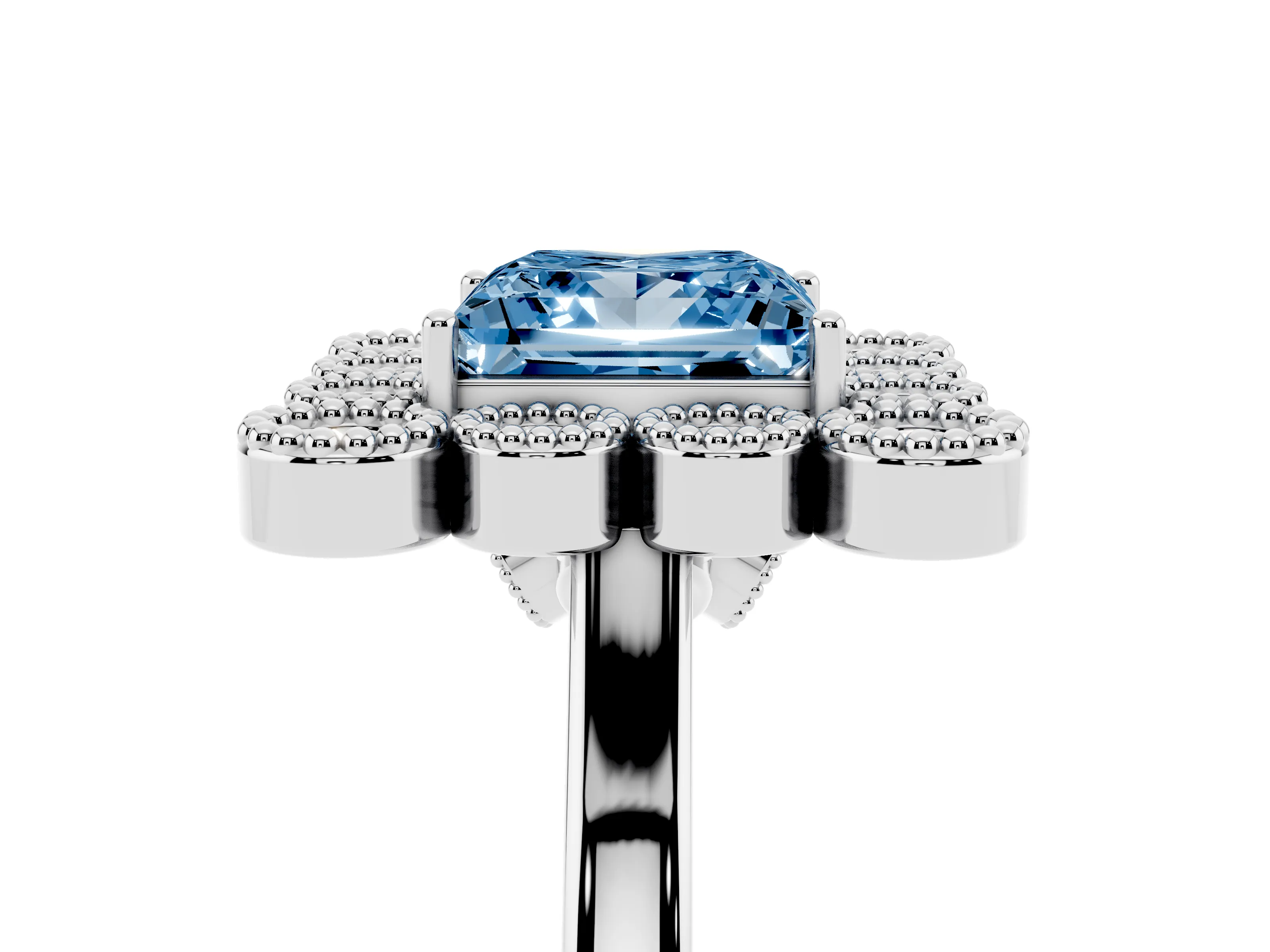 Fancy Blue Princess Cut Diamond Cluster Halo Ring Set in White gold with Milgrain Bezel Accents and Plain Band
