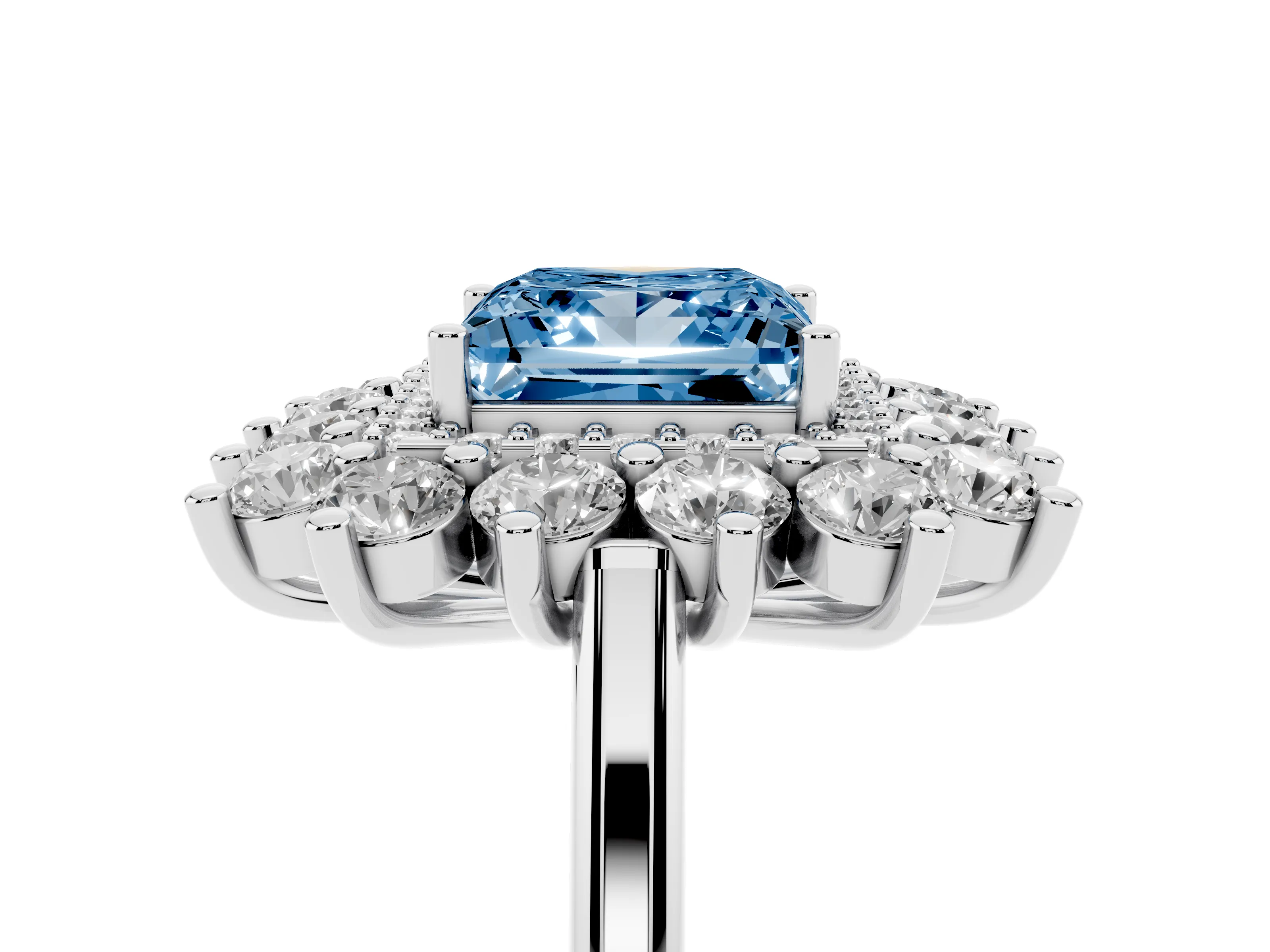 Fancy Blue Princess Cut Diamond Floral Double Halo Ring Set in Platinum with Round Petals