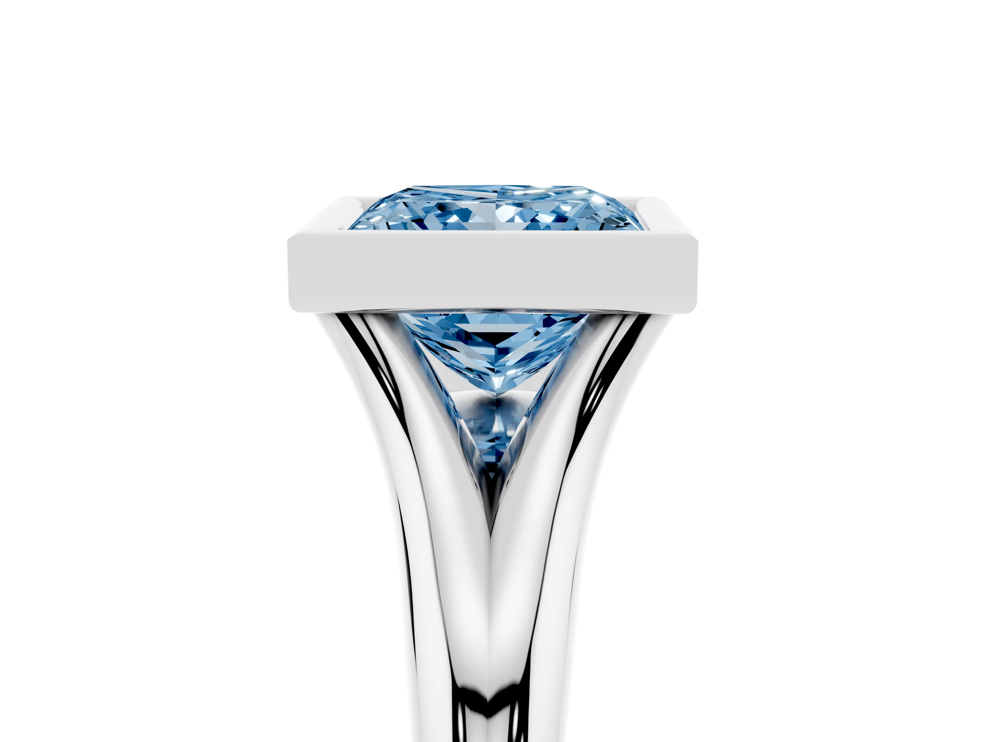 Fancy Blue Bezel Set Princess Cut Diamond Solitaire Ring Set in White gold with Smooth Band