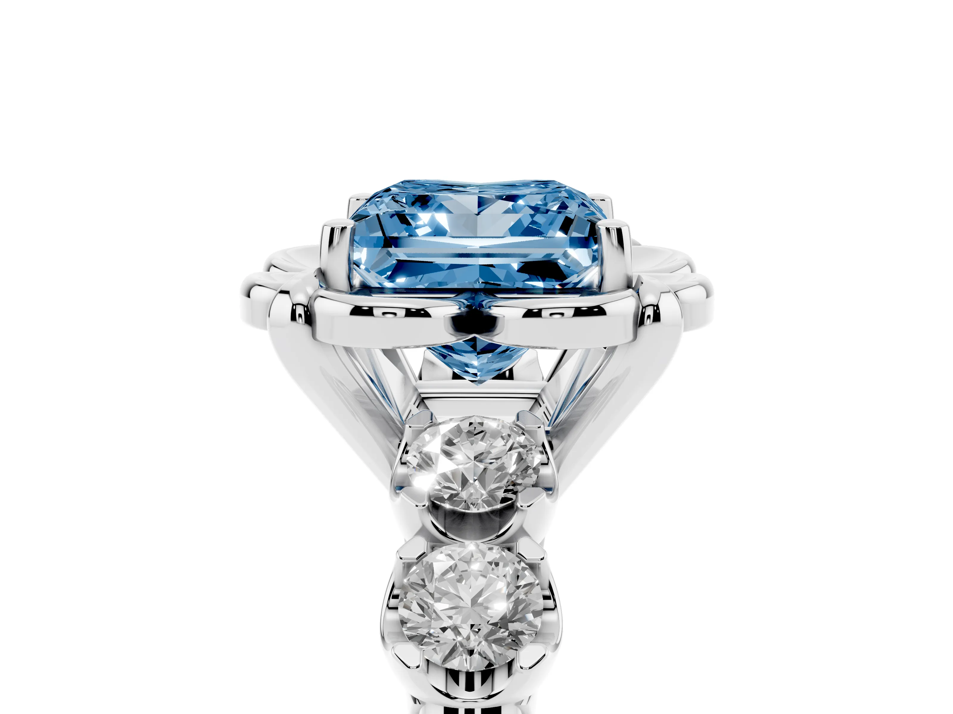 Fancy Blue Princess Cut Diamond Floral Halo Ring Set in White gold with Shared Prong Band