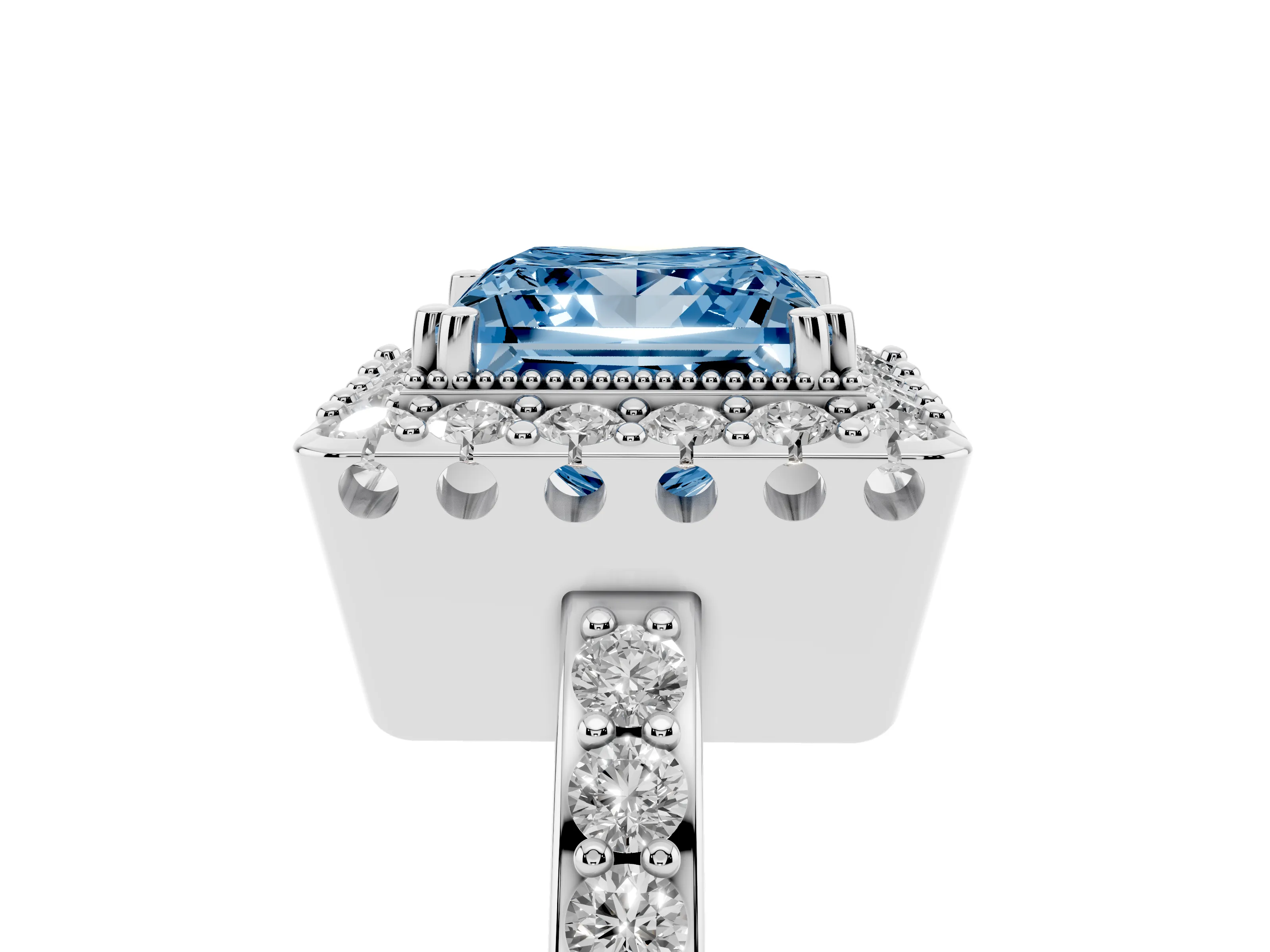 Fancy Blue Princess Cut Diamond Halo Ring Set in White gold with Pavé Shank and Prong Setting