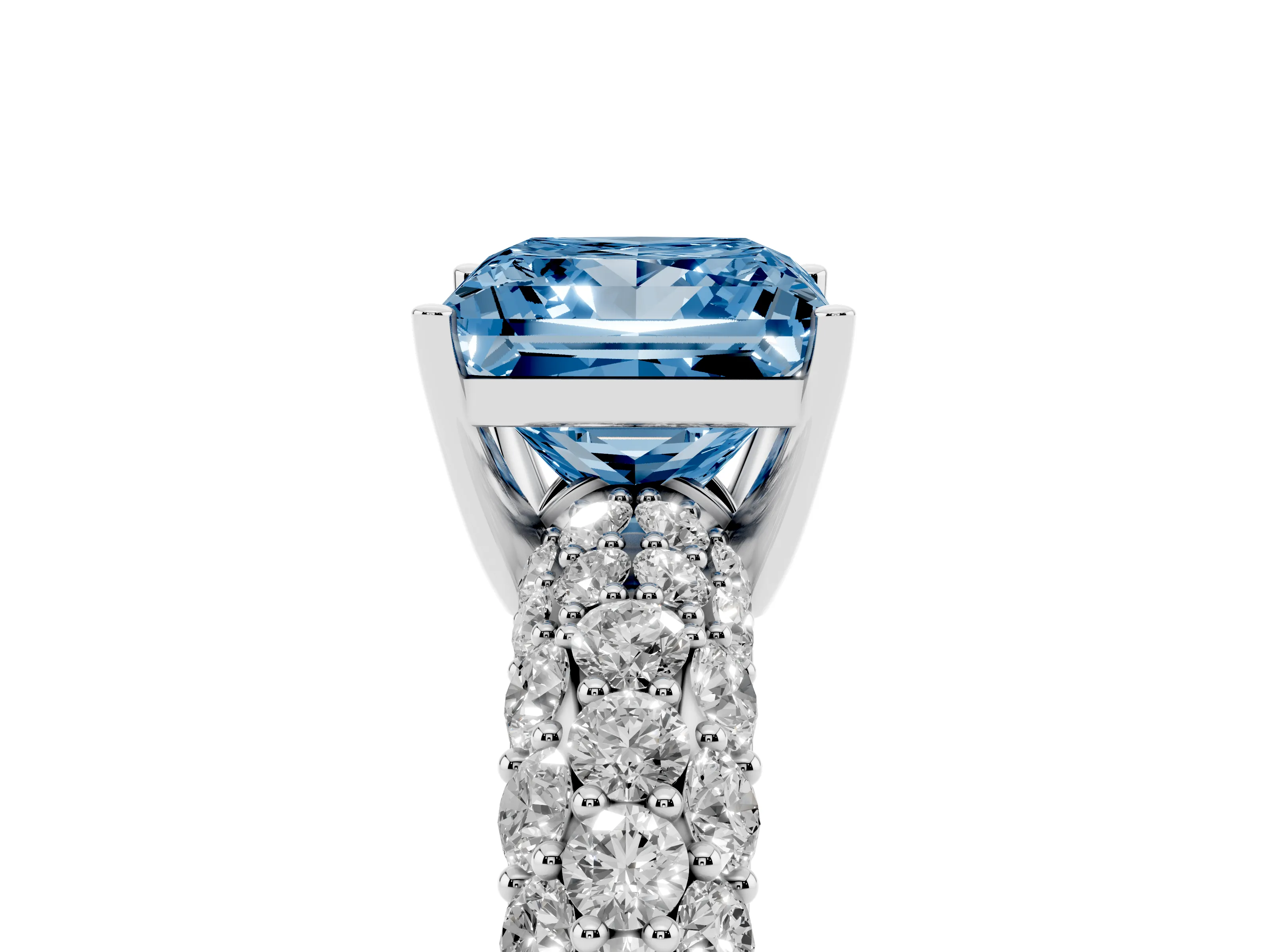 Fancy Blue Princess Cut Diamond Pavé Band Solitaire Ring Set in White gold with Close-Set Accent Stones and Prong Setting