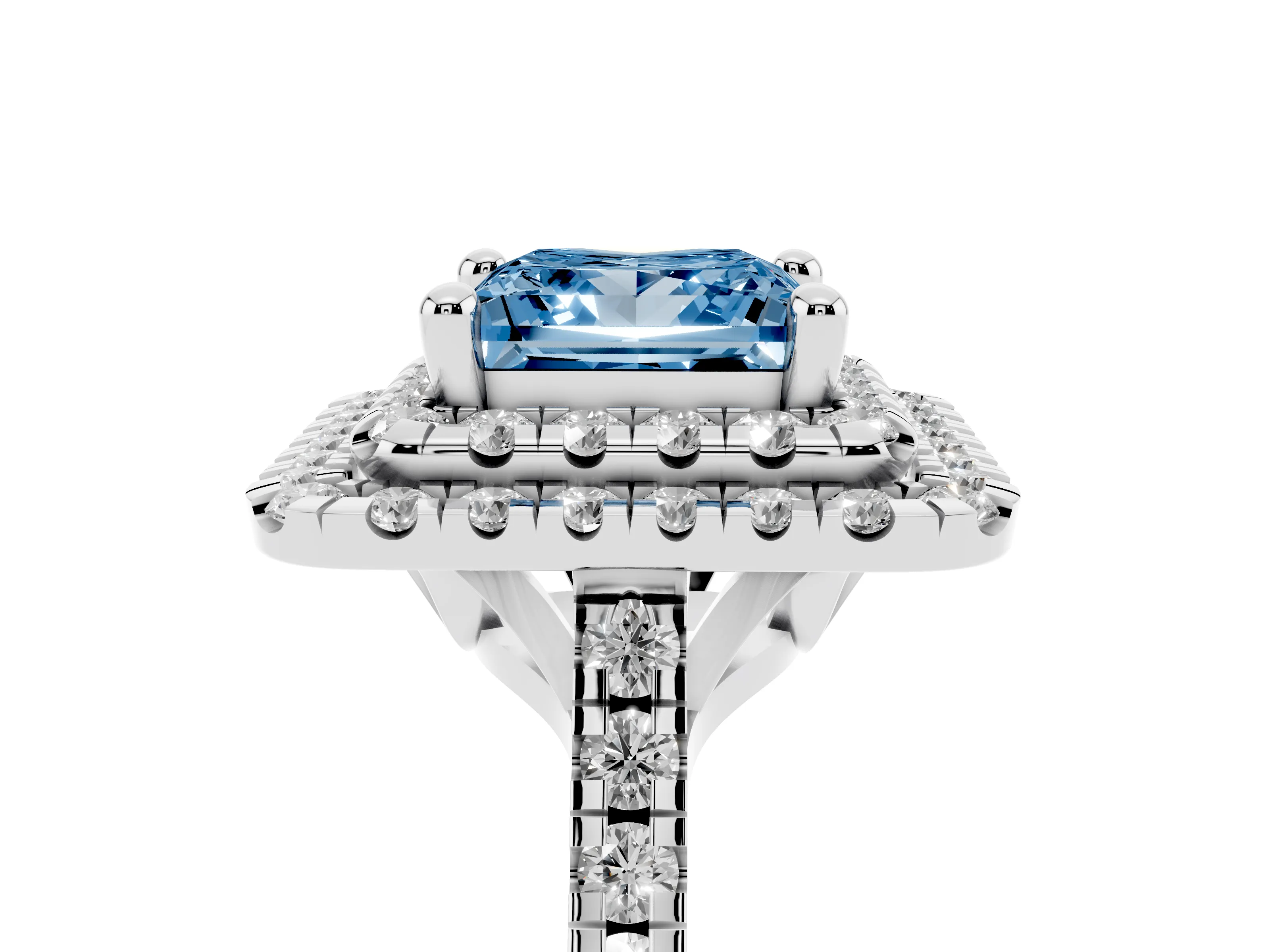 Fancy Blue Princess Cut Diamond Double Halo Statement Ring Set in White gold with Pavé Band