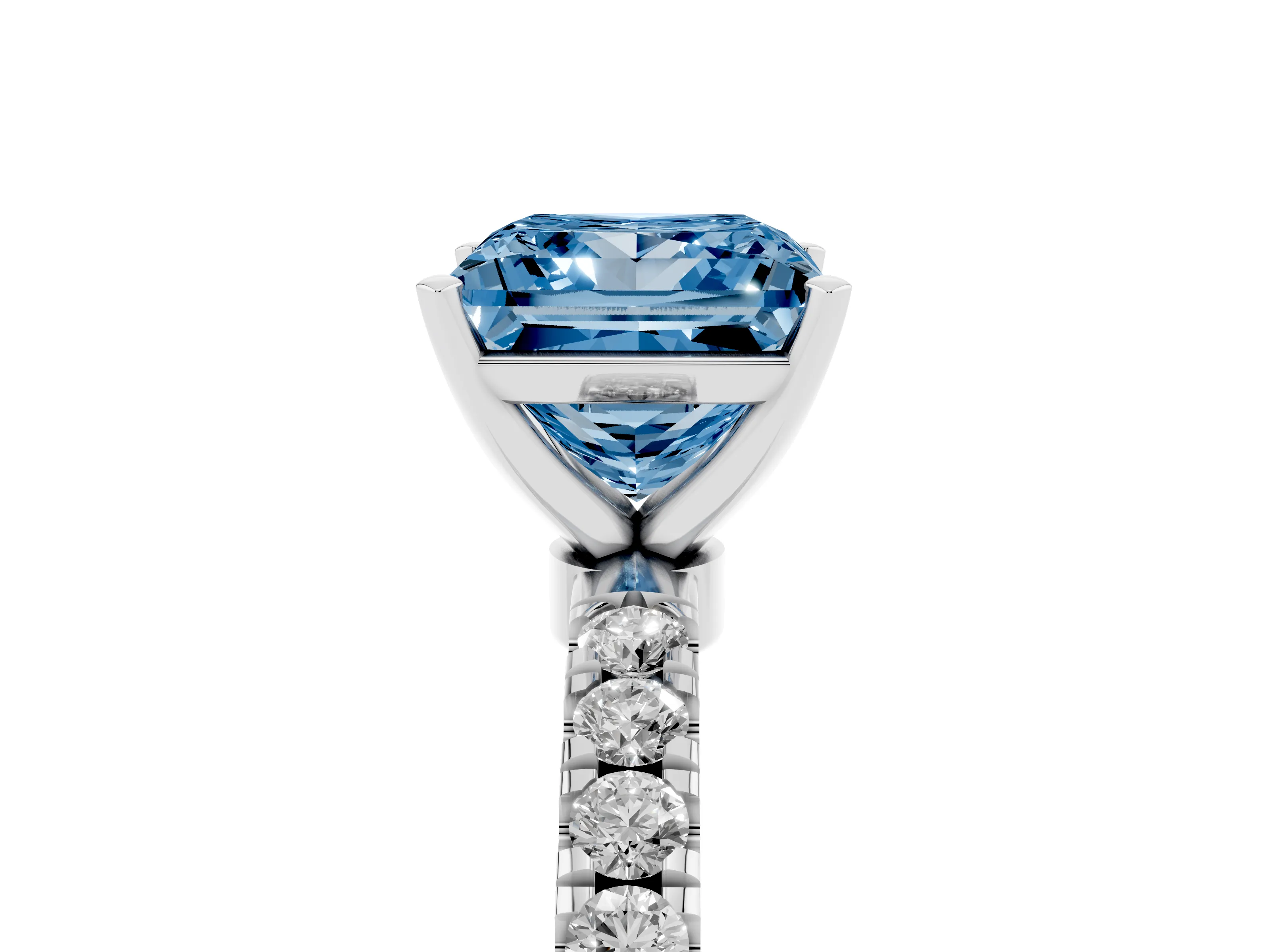 Fancy Blue Princess Cut Diamond Solitaire Ring Set in Silver with Pavé Accents and Prong Setting
