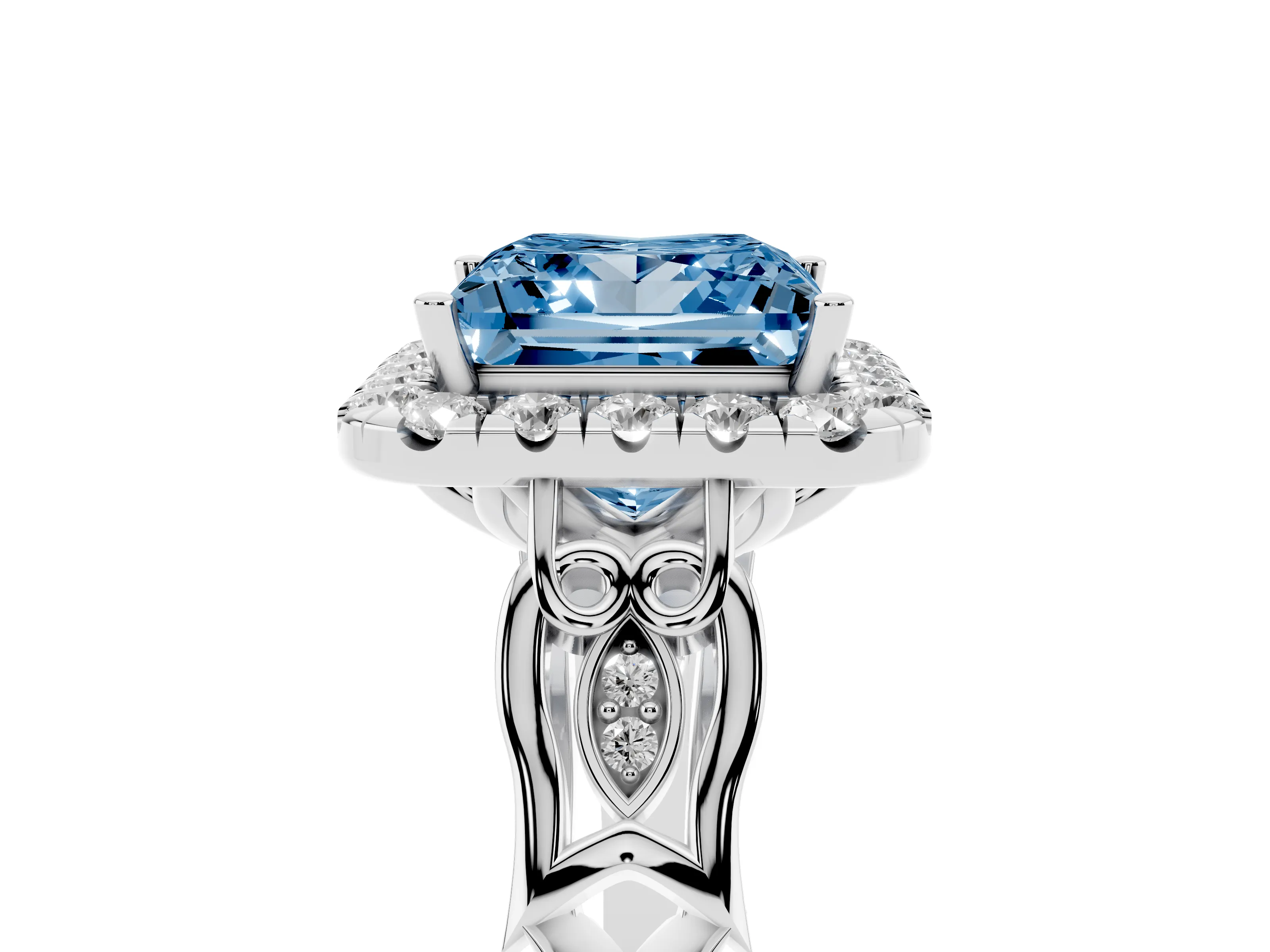 Princess Cut Halo Engagement Ring Setting for a Fancy Blue Lab-Grown Diamond | Filigree Shoulders | Platinum
