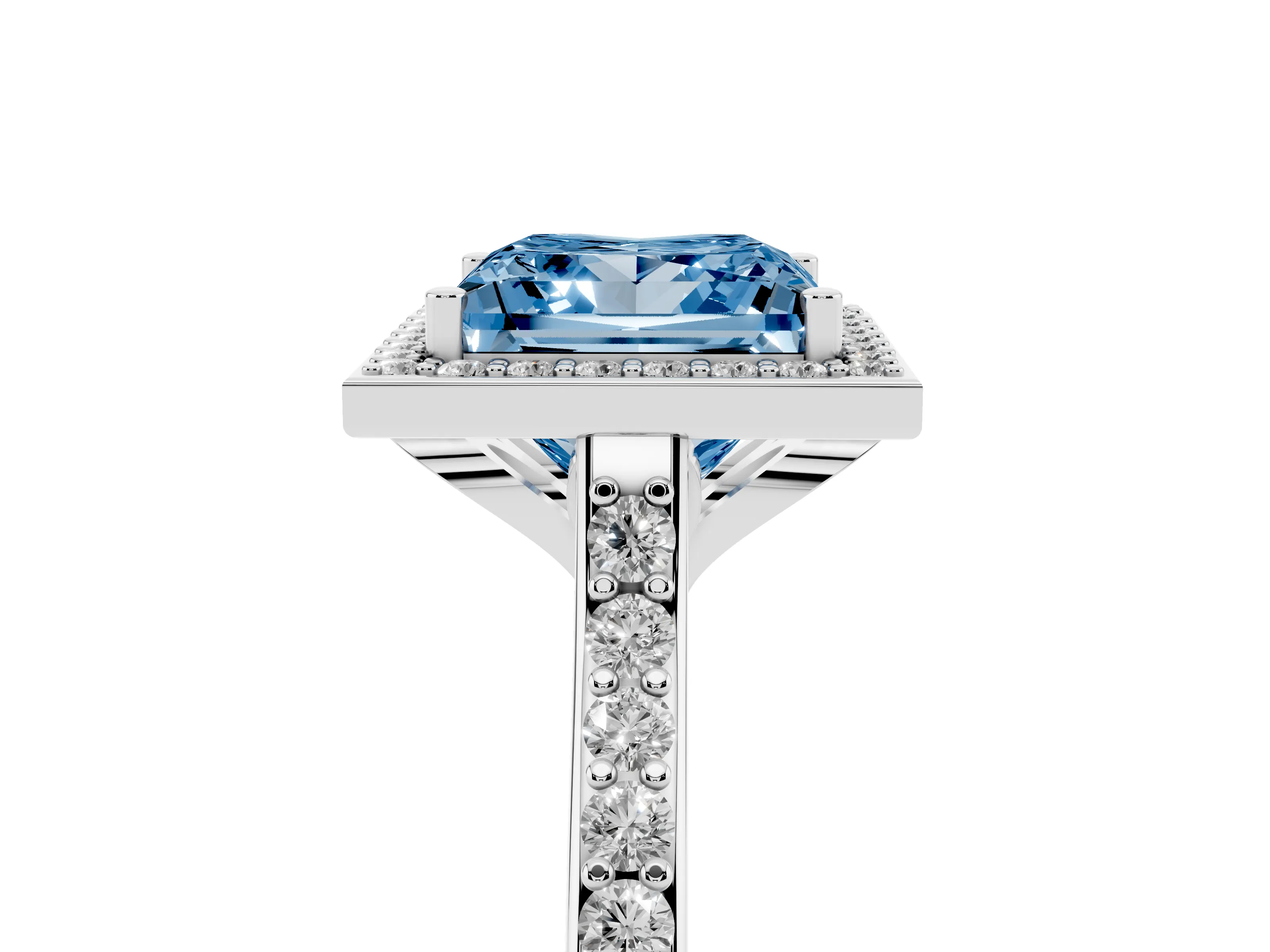 Fancy Blue Princess Cut Diamond Halo Engagement Ring Set in White gold with Round Pavé Shoulders and Heart Gallery