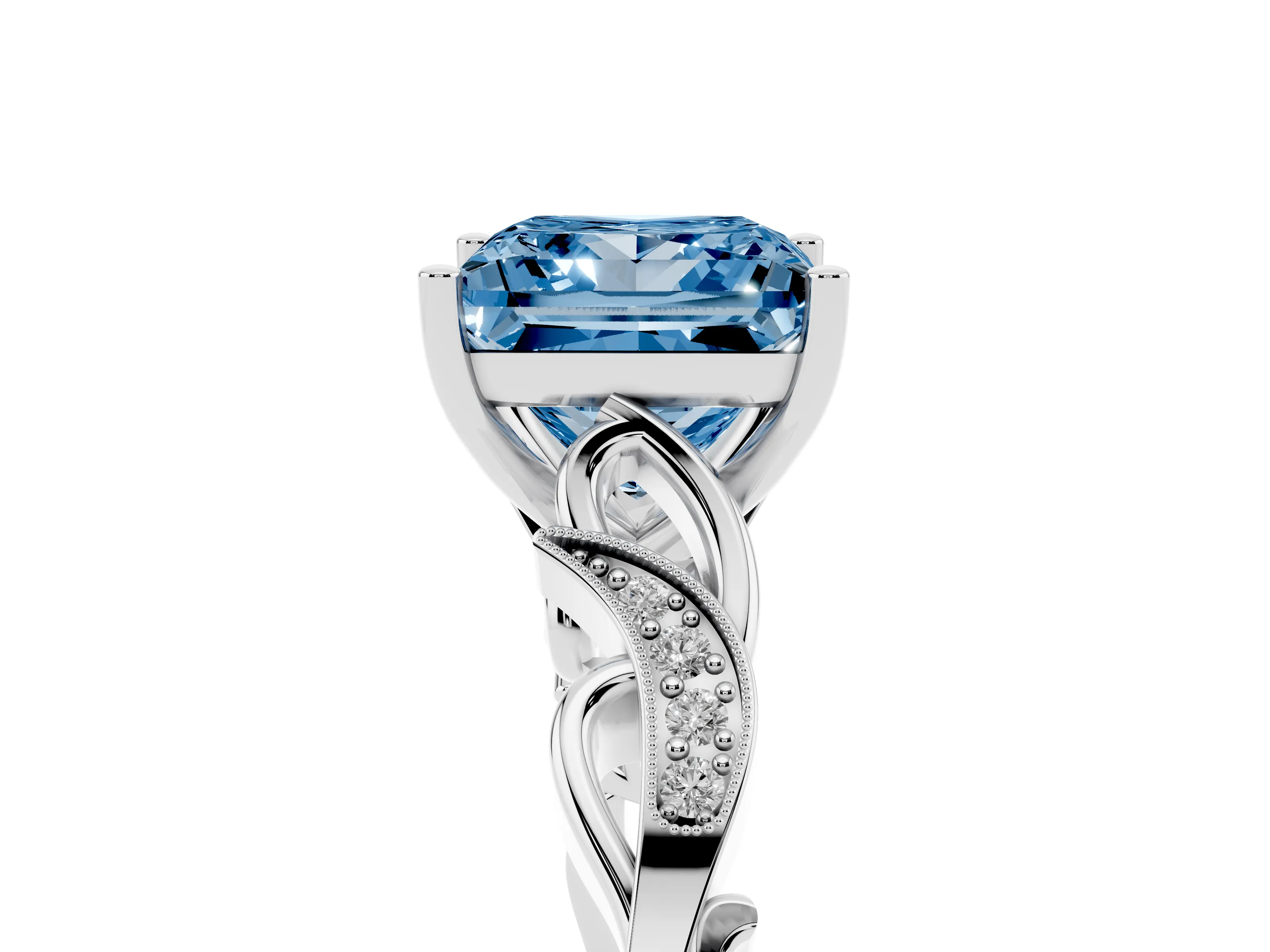Fancy Blue Princess Cut Diamond Vine Band Solitaire Ring Set in Platinum with Milgrain Prong Setting