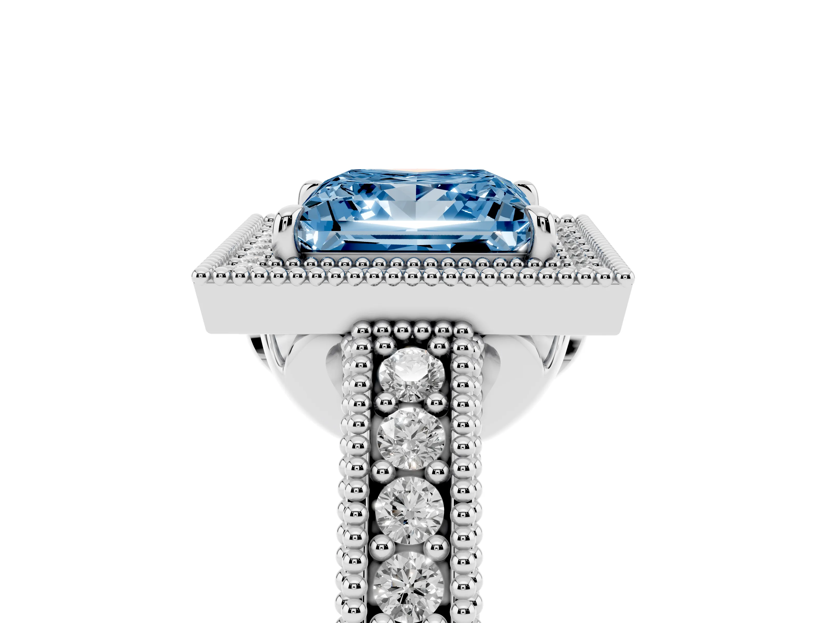 Fancy Blue Princess Cut Diamond Halo Ring Set in White gold with Round Accent Halo, Pavé Band and Prong Setting