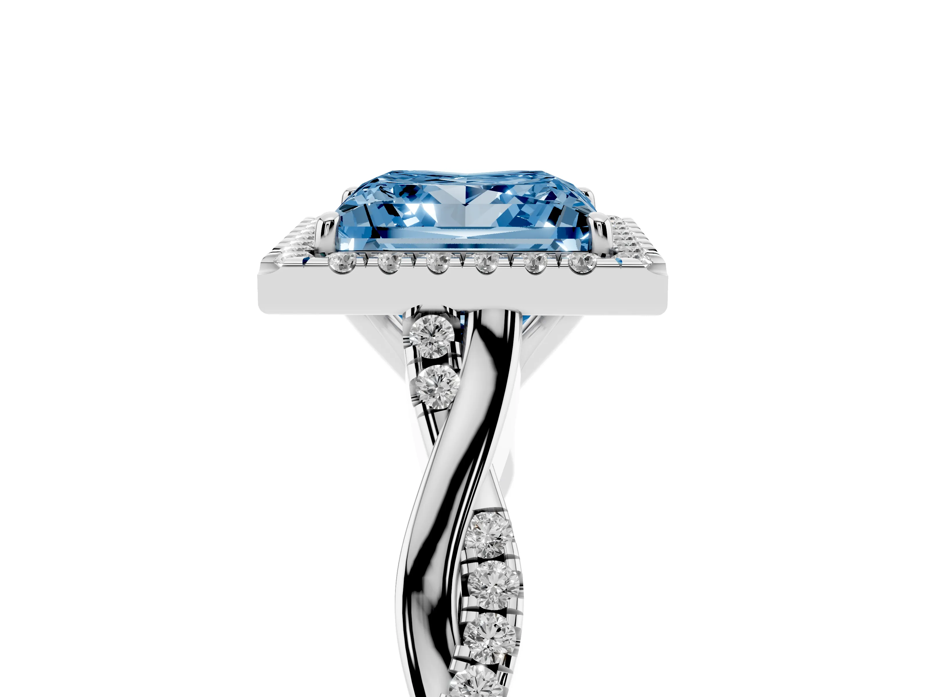 Fancy Blue Princess Cut Diamond Halo Twist Band Solitaire Ring Set in Silver with Prong Setting