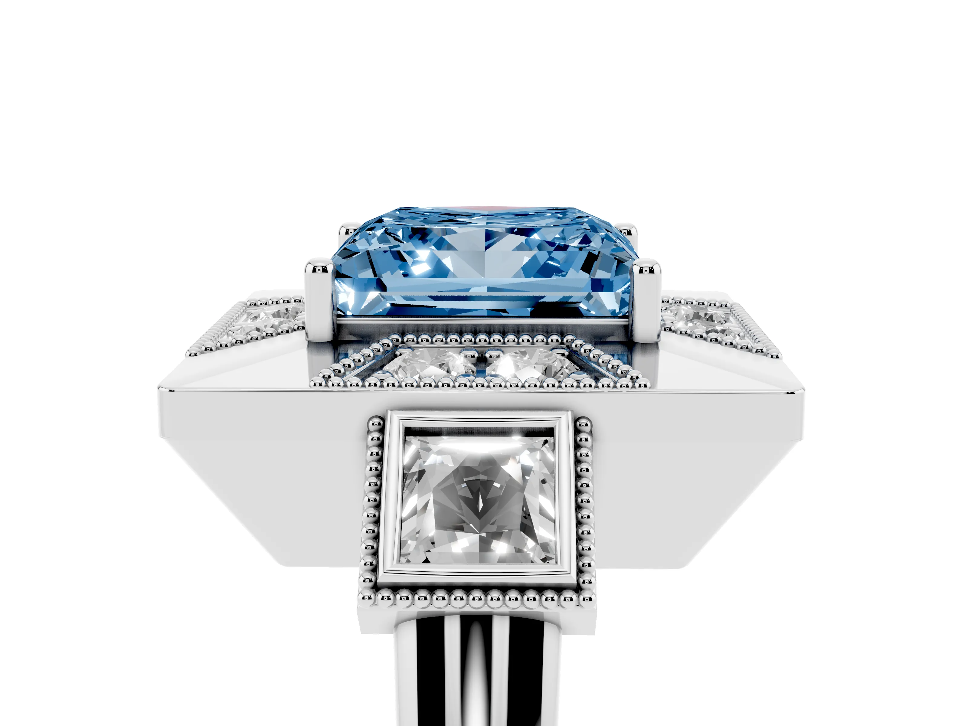 Fancy Blue Princess Cut Diamond Milgrain Halo Ring Set in Silver with Split Shank