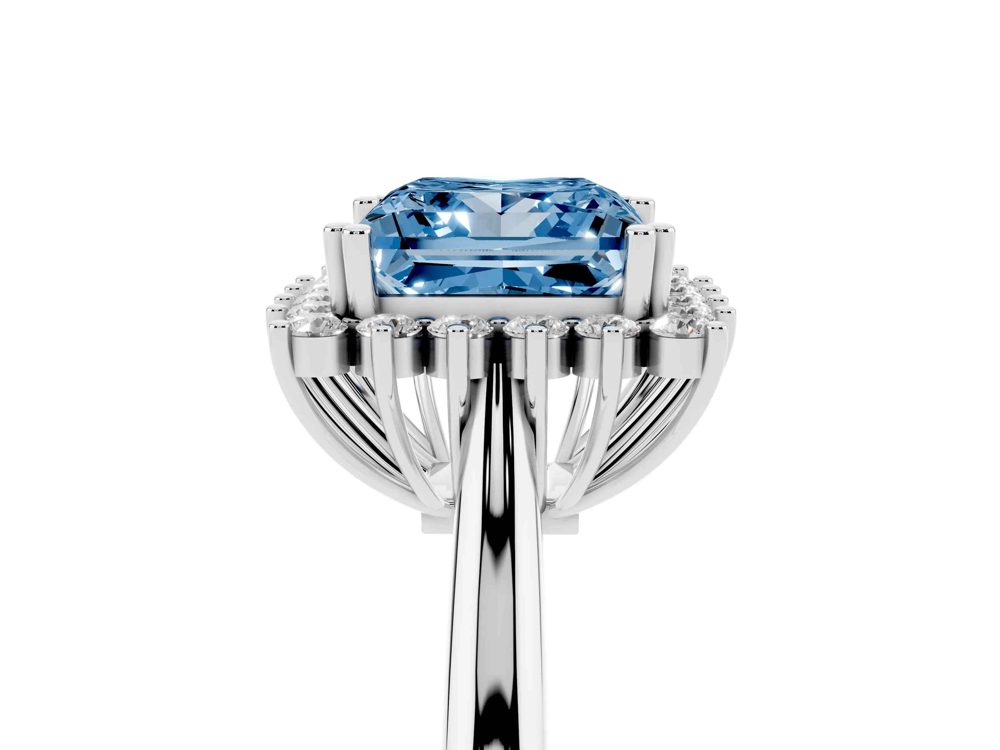 Fancy Blue Princess Cut Diamond Halo Ring Set in Platinum with Plain Solitaire Band and Prong Setting