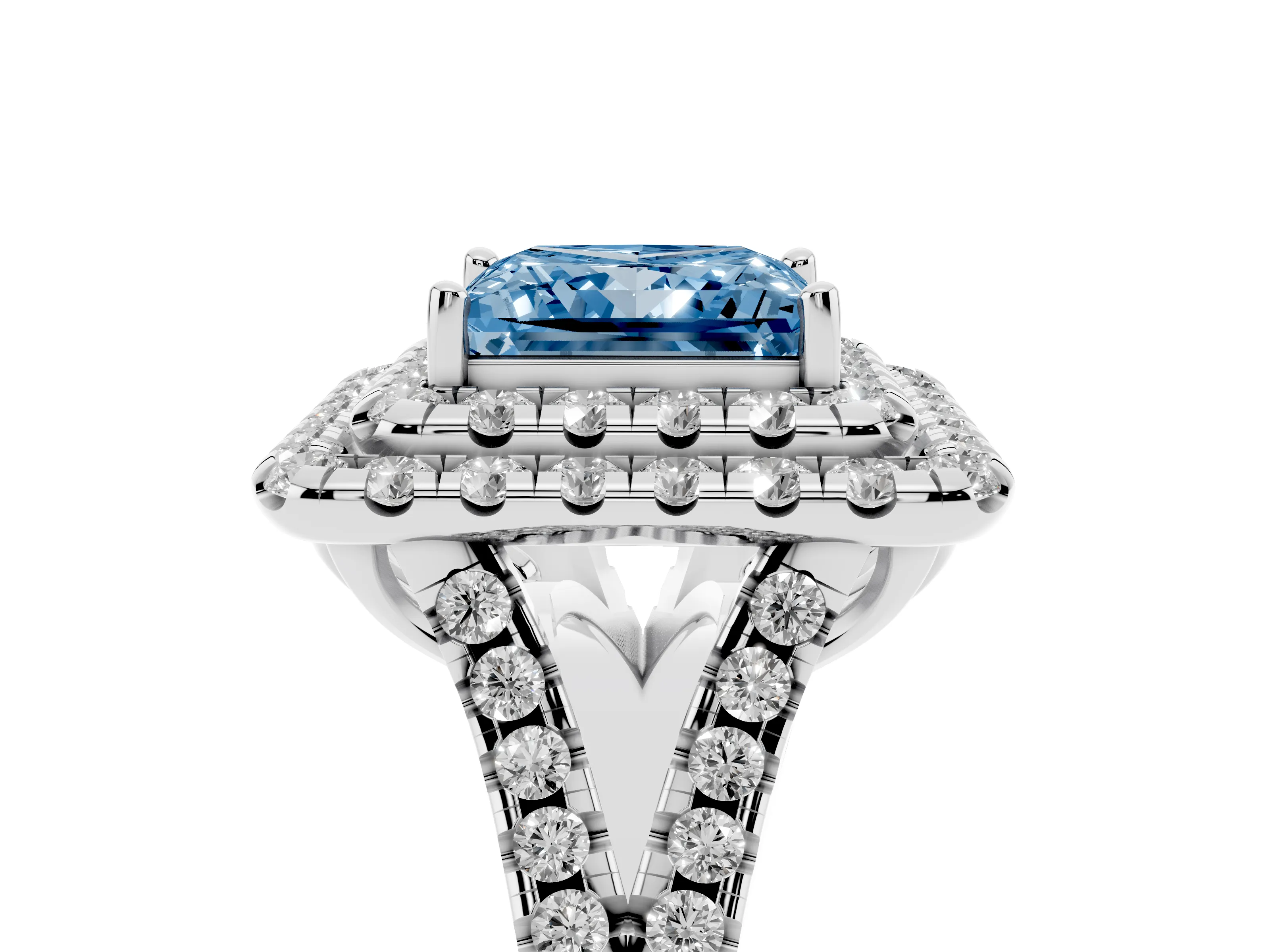 Fancy Blue Princess Cut Diamond Double Halo Ring Set in Silver with Pavé Split Shank and Prong Setting