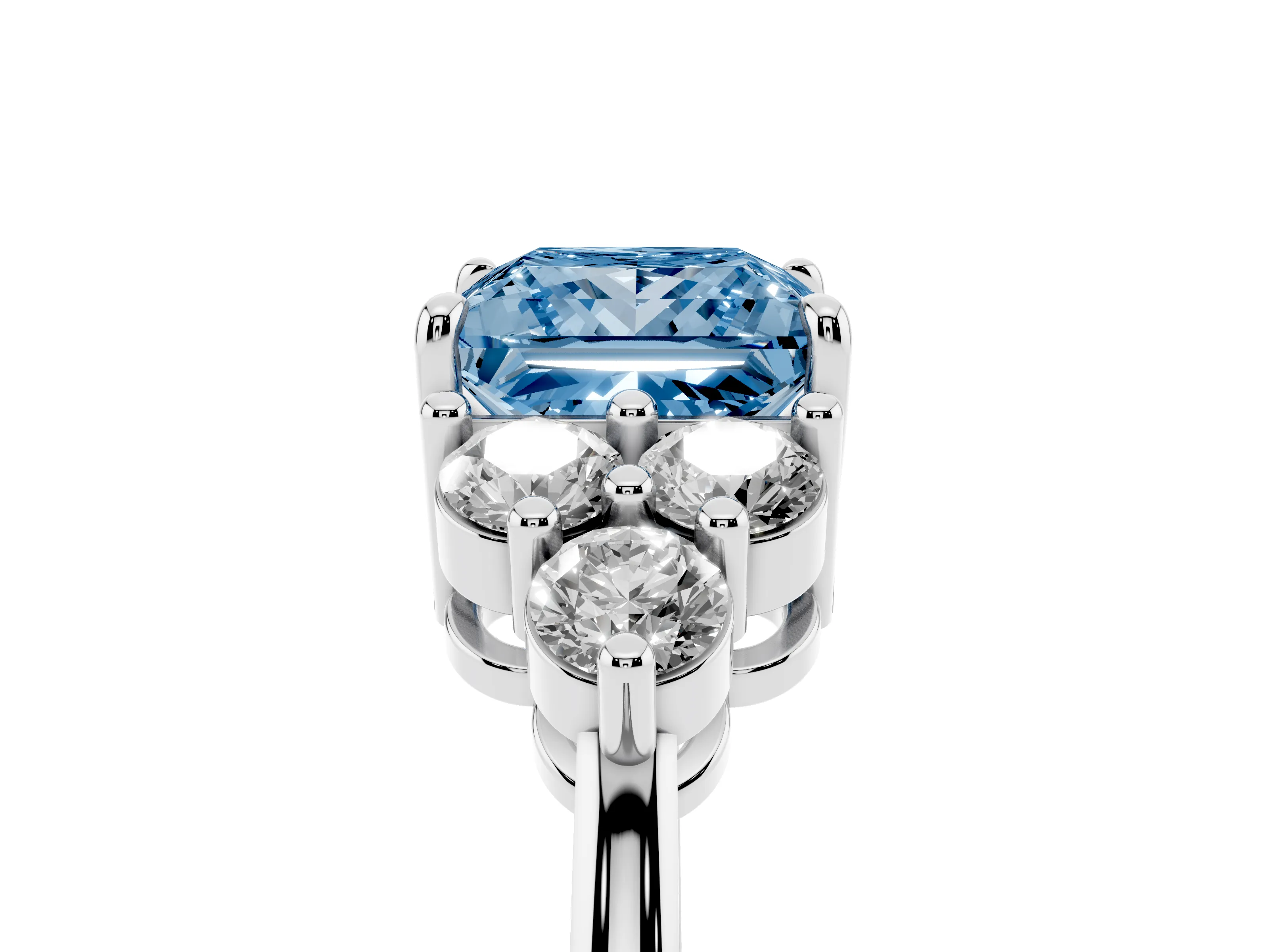 Fancy Blue Princess Cut Diamond Solitaire Ring Set in Platinum with Cluster Accents on Each Side