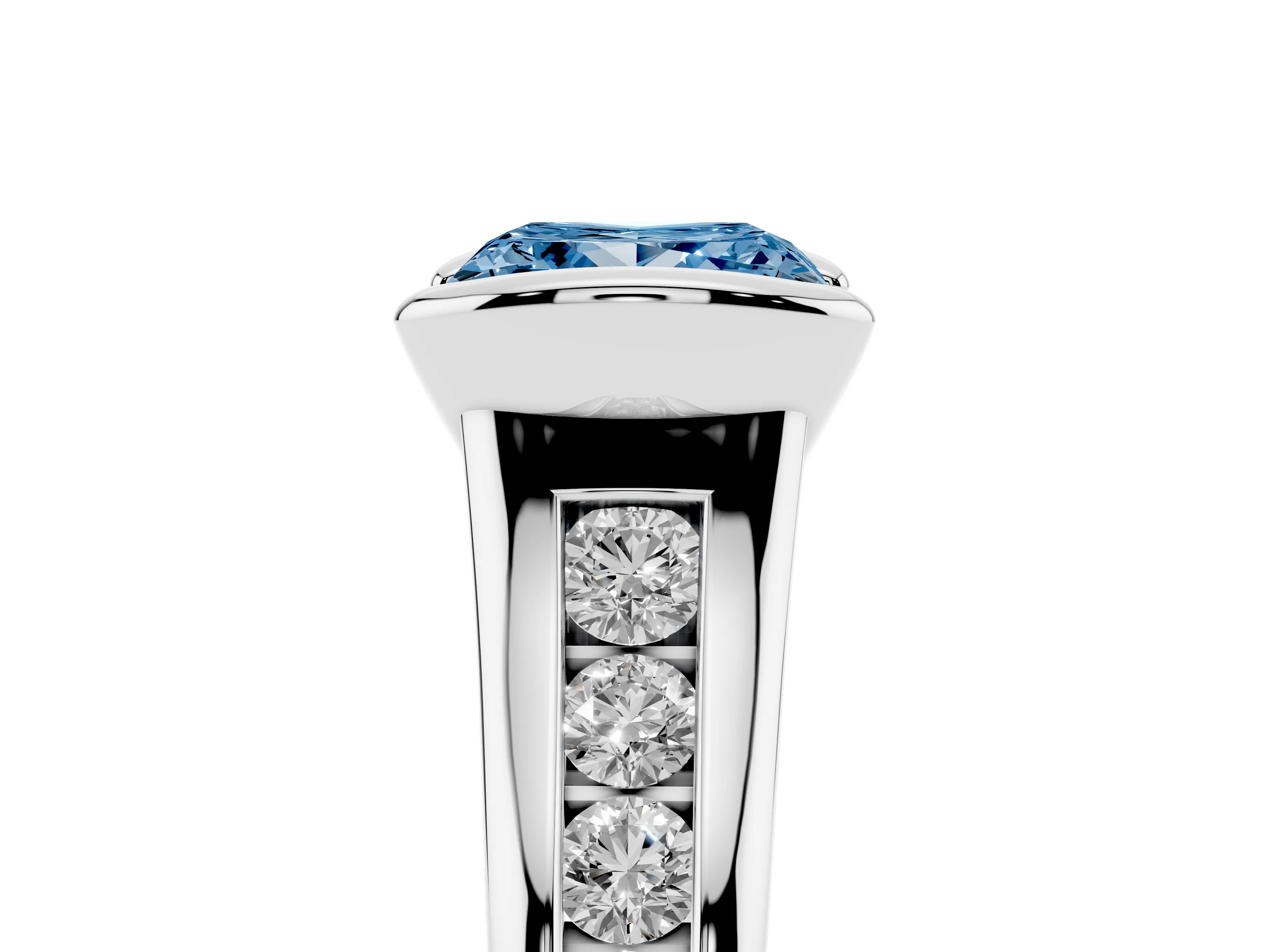 Fancy Blue Princess Cut Diamond Bezel-Set Solitaire Ring Set in Silver with Channel-Set Band