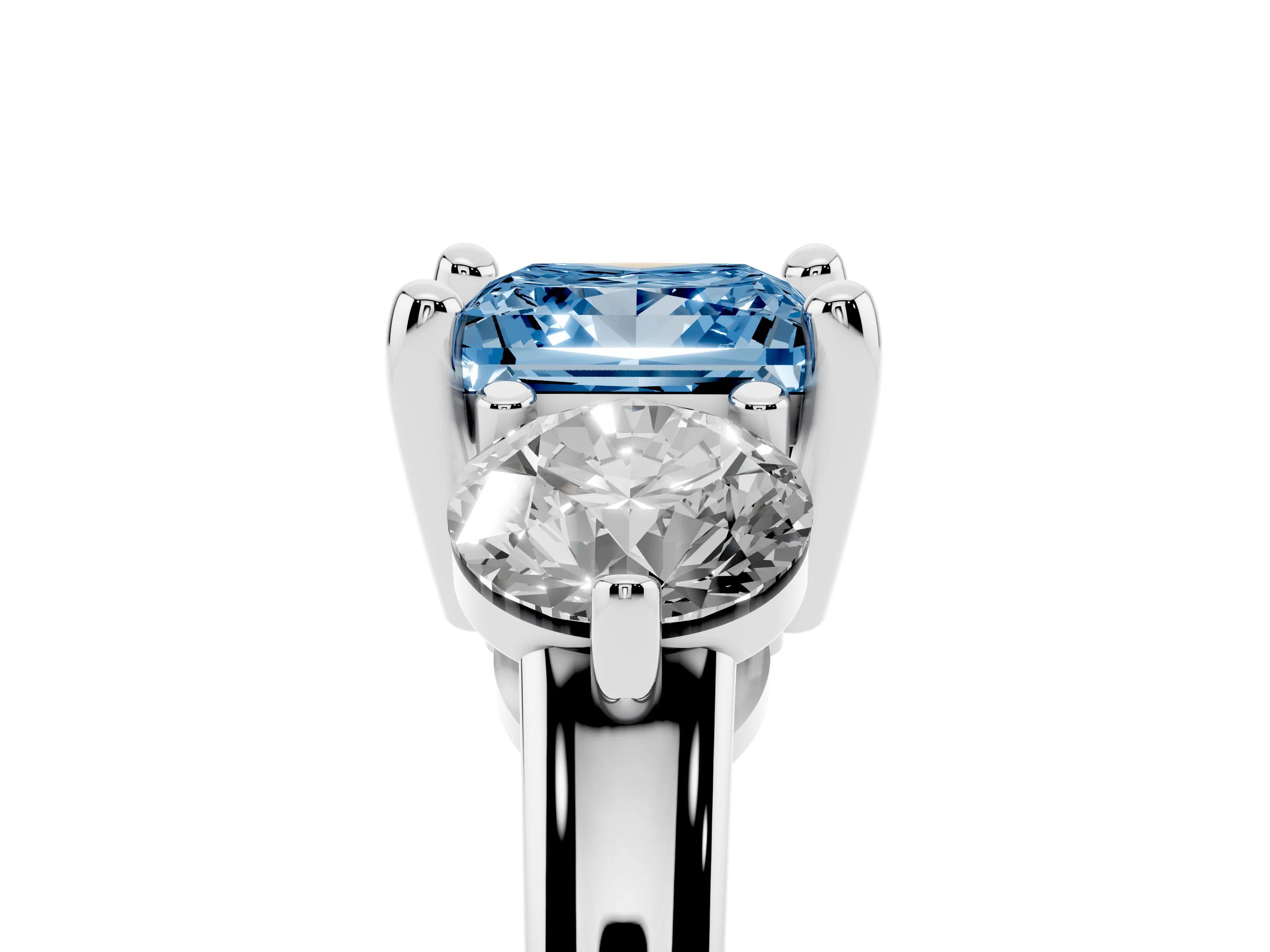 Fancy Blue Princess Cut Diamond Three-Stone Ring Set in Platinum with Prong Setting and Classic Band