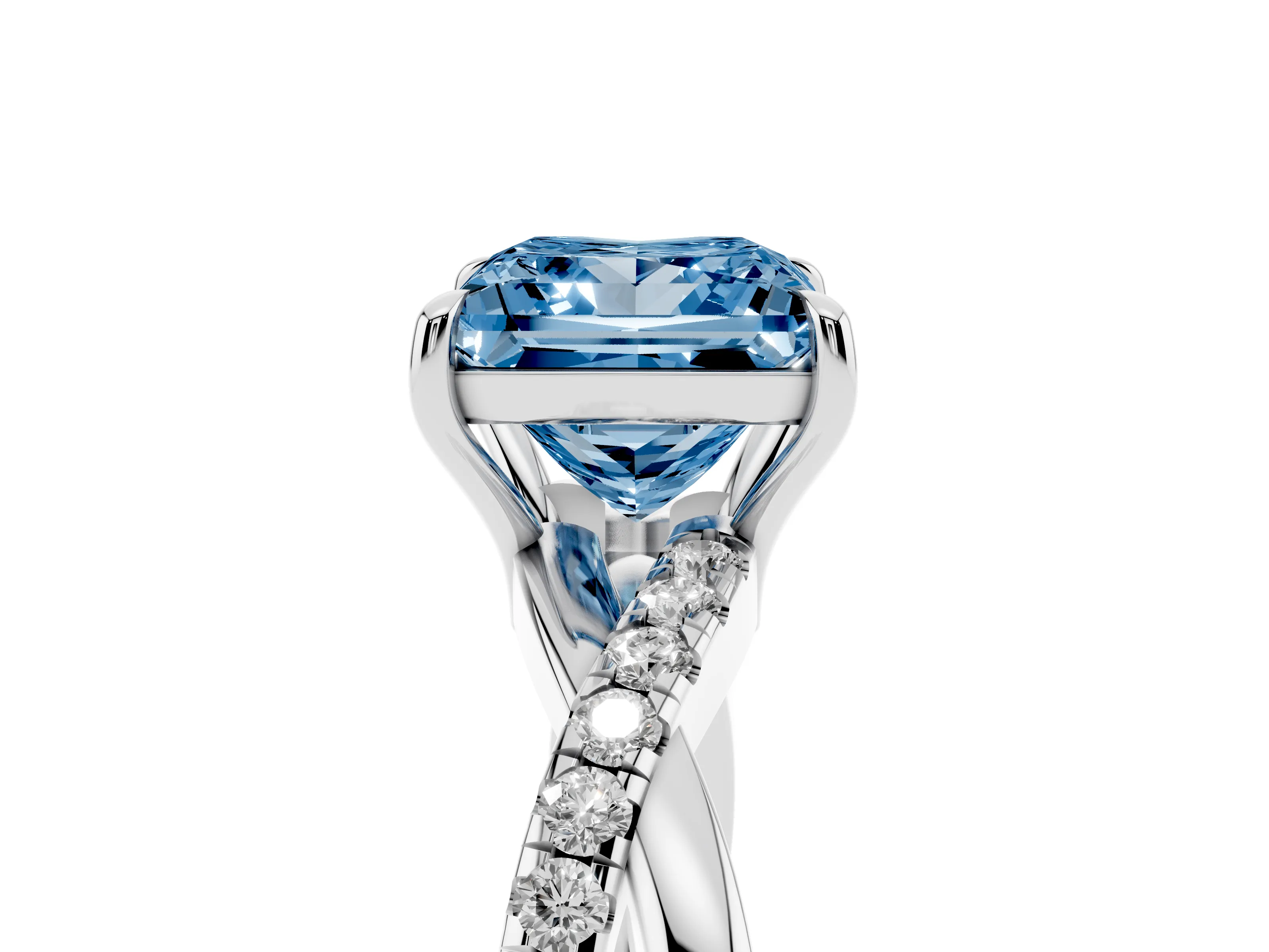 Fancy Blue Princess Cut Diamond Twisted Pavé Band Ring Set in Silver with Prong Setting