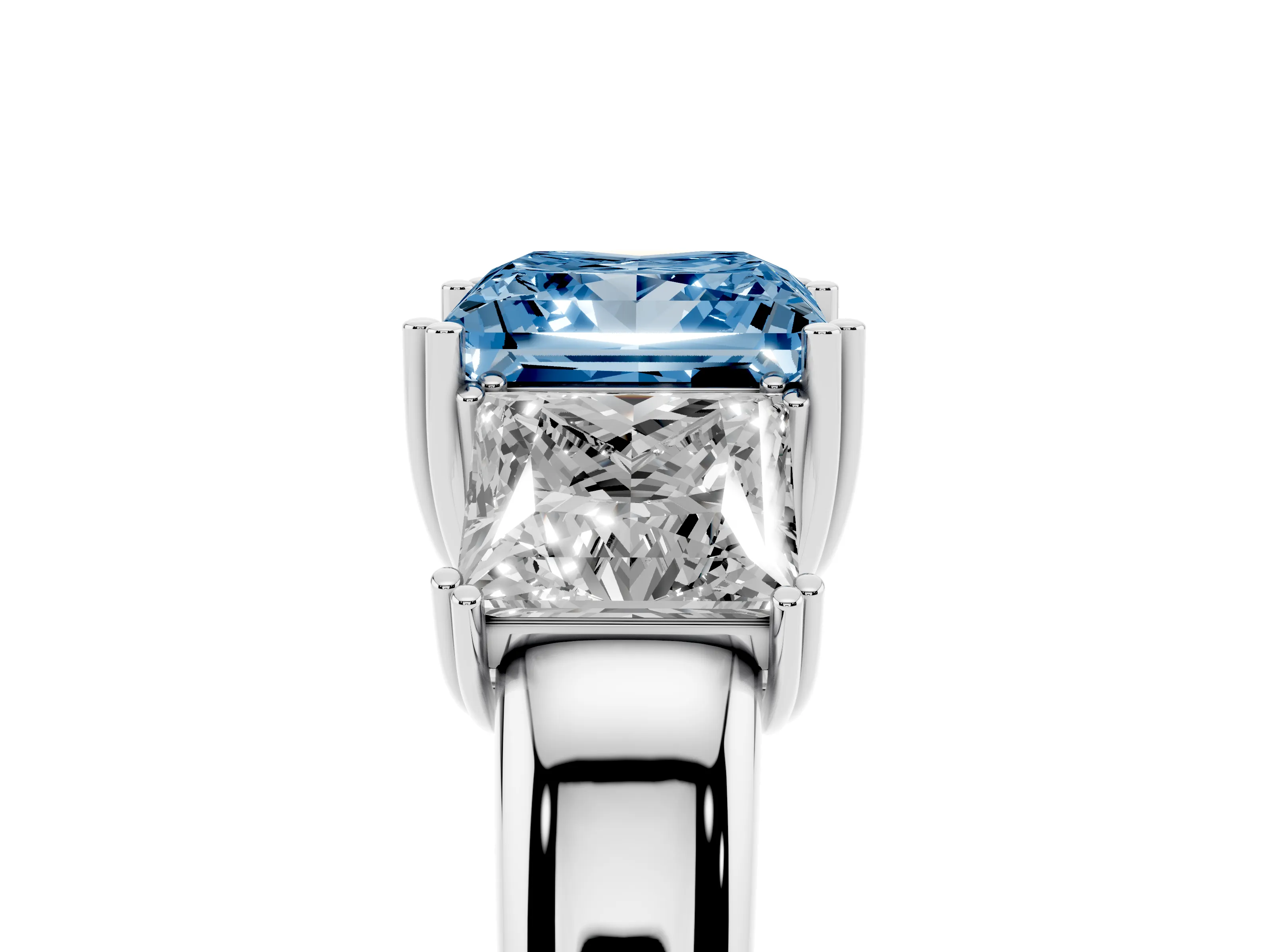 Fancy Blue Princess Cut Diamond Three-Stone Ring Set in Platinum with Polished Channel-Set Band