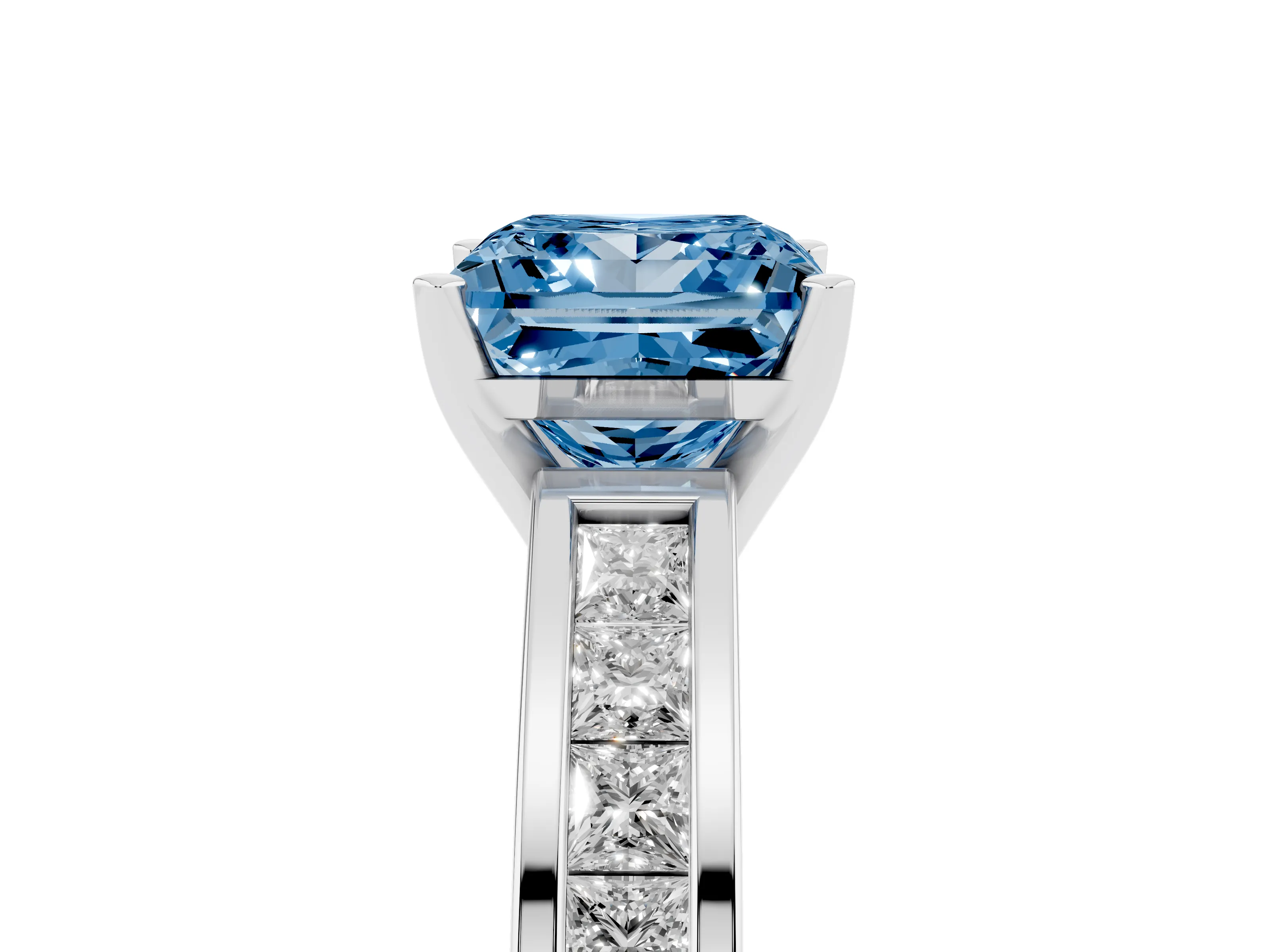 Fancy Blue Princess Cut Diamond Solitaire Ring Set in Platinum with Channel-Set Band and Prong Setting
